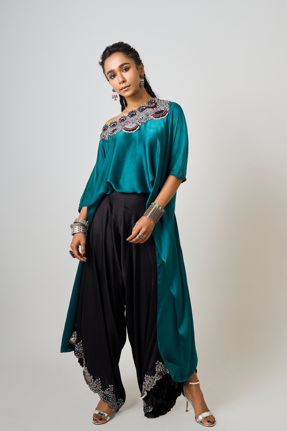 Teal Embroidered Off-shoulder Co-ord Set