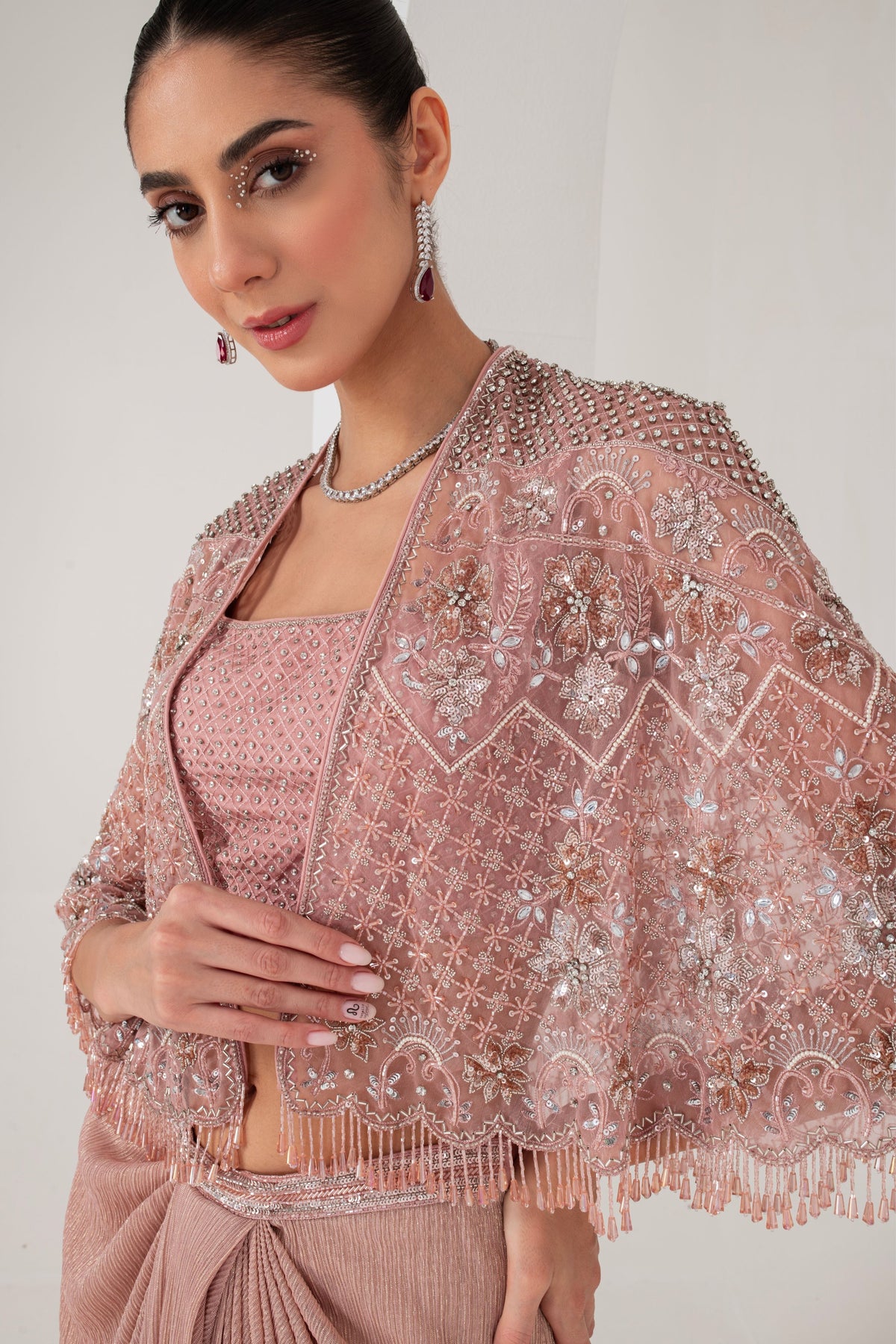 Pastel Pink Embellished Cape Set