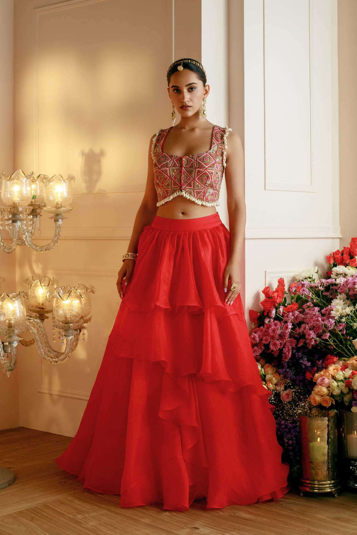 Red Layered Lehenga Set