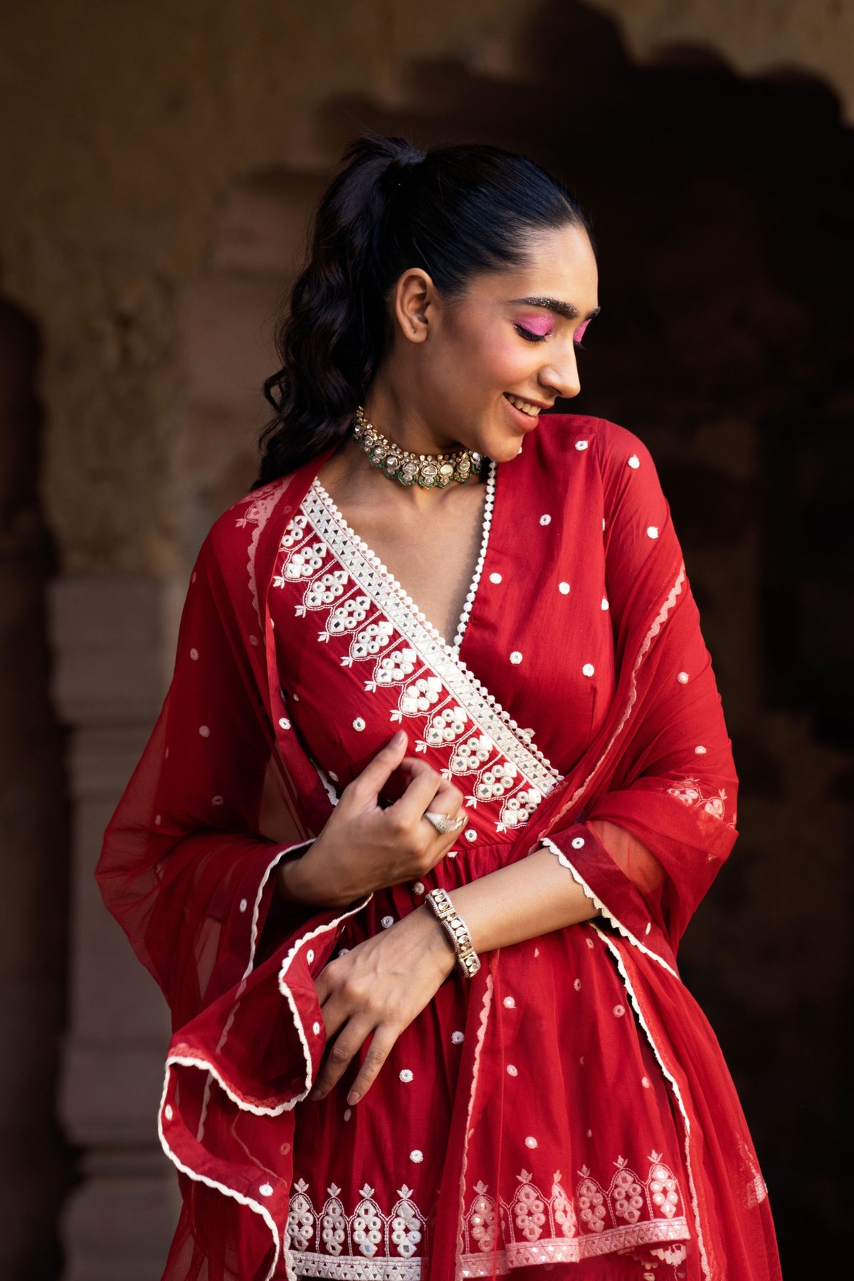 Red Temple Sharara Set