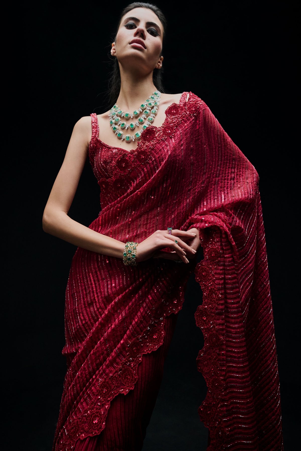 Red Sequins Gicha Saree