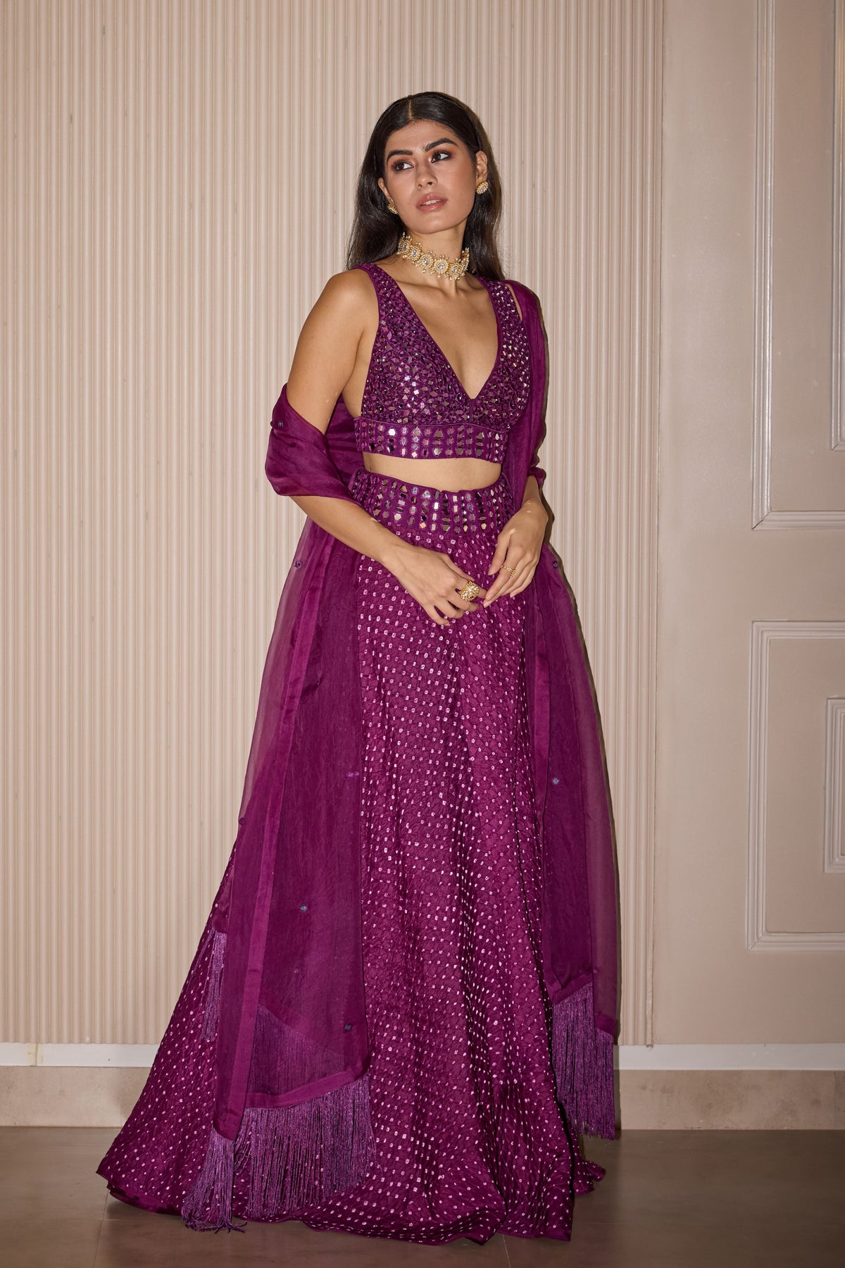 Maidana Bandhani Purple Lehenga Set