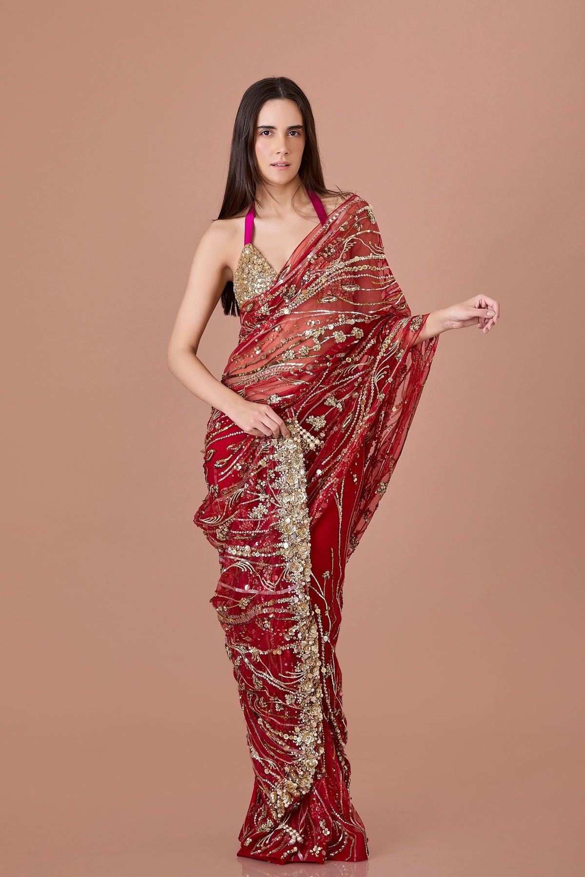 Red Sequins Net Saree