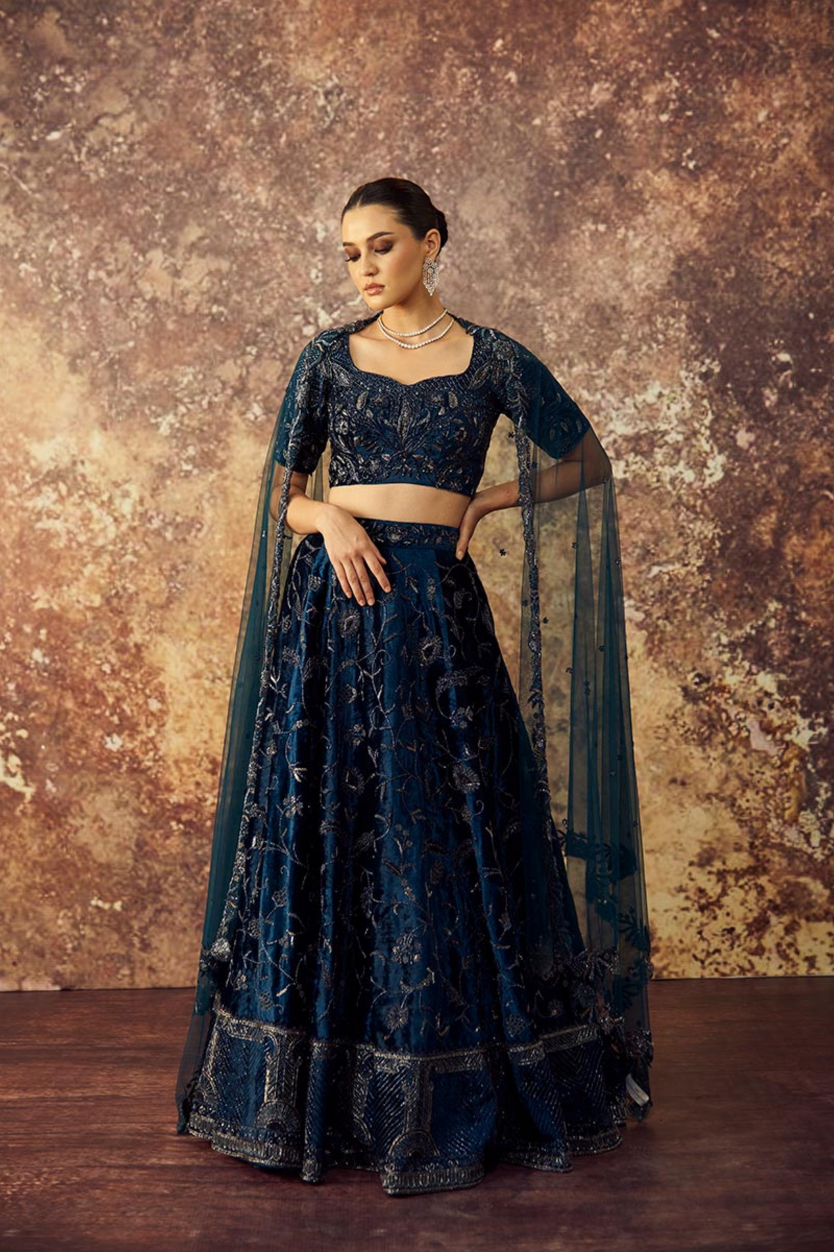 Blue Velvet Jaal Lehenga Set