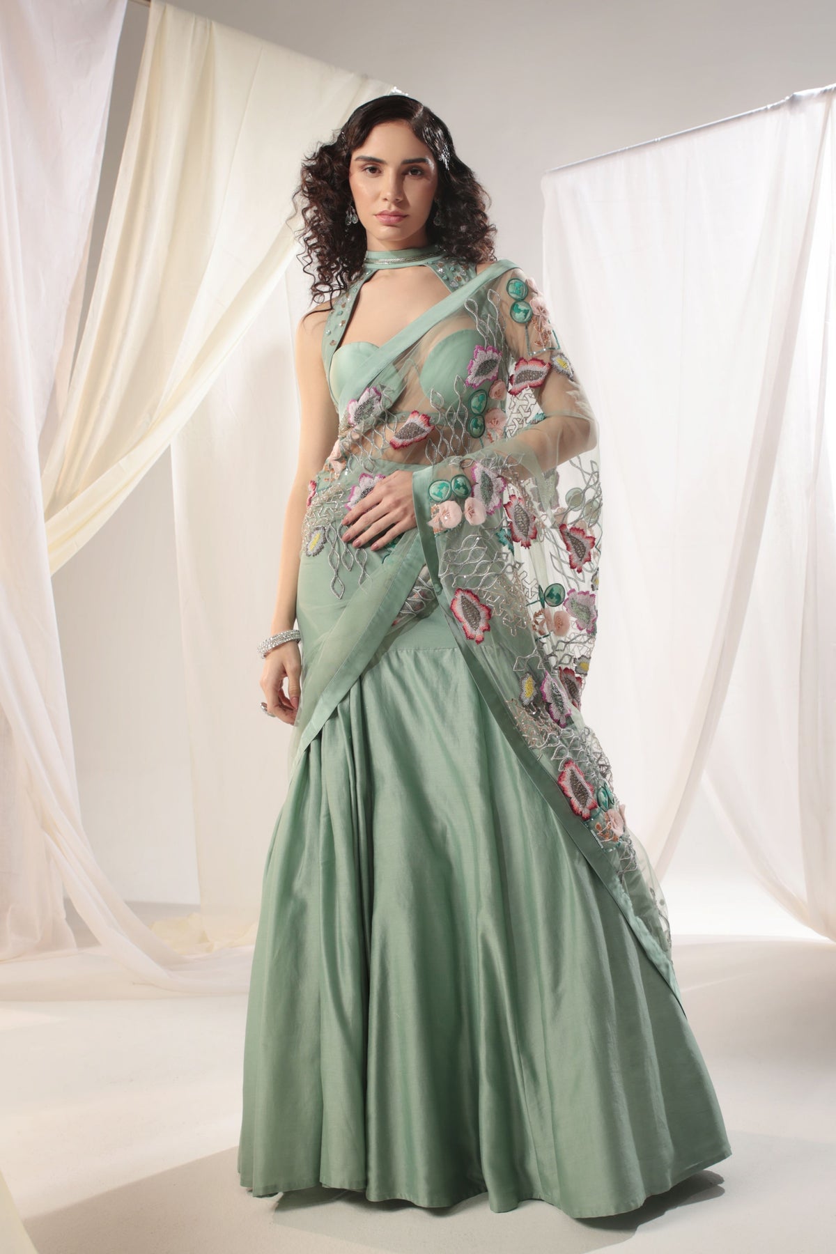 Aqua Blue Drape Saree Set