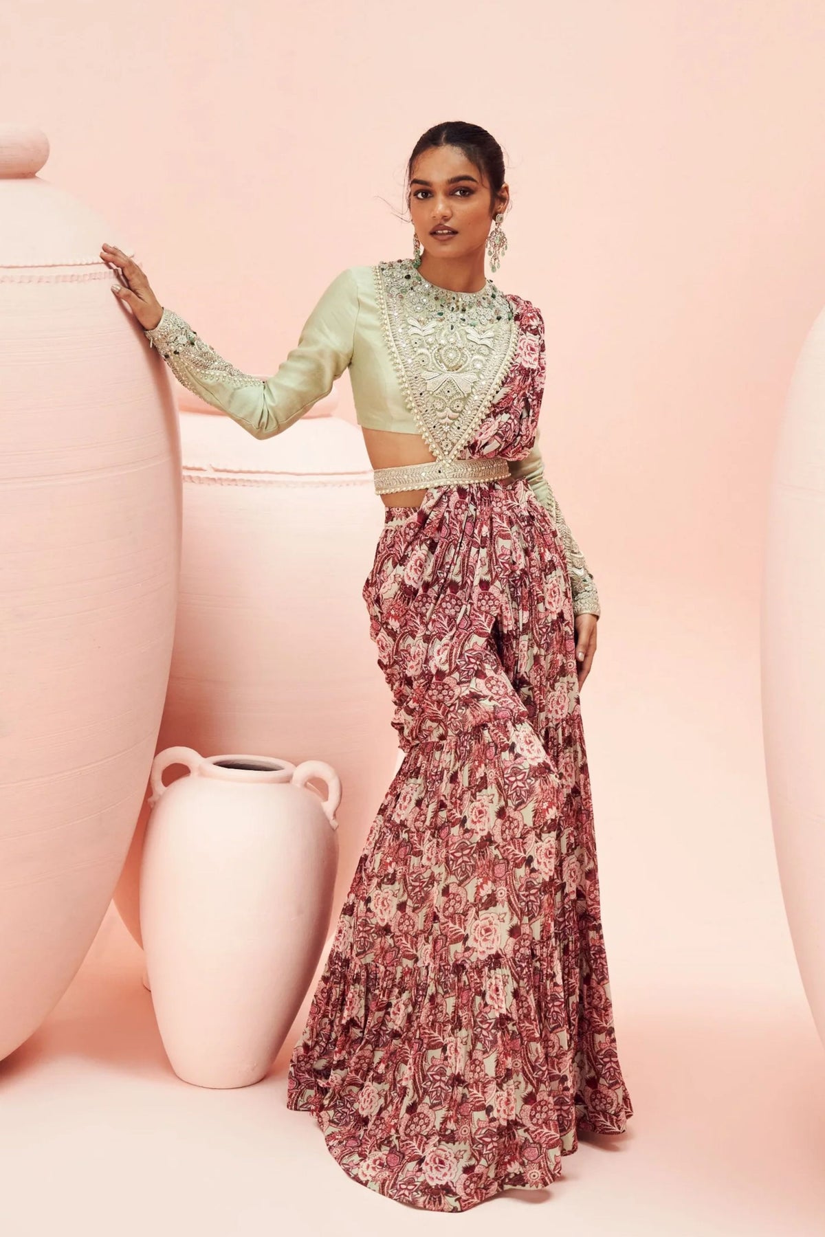 Pistachio Abstract Floral Palazzo Saree Set