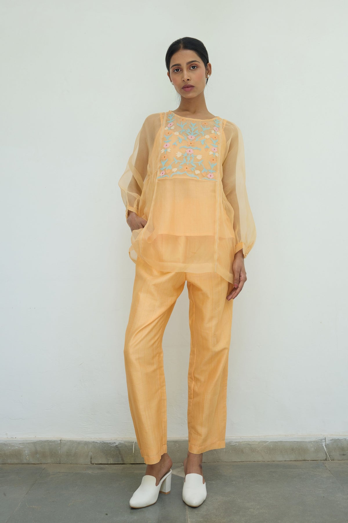 Embroidered Peach Silk Organza Top