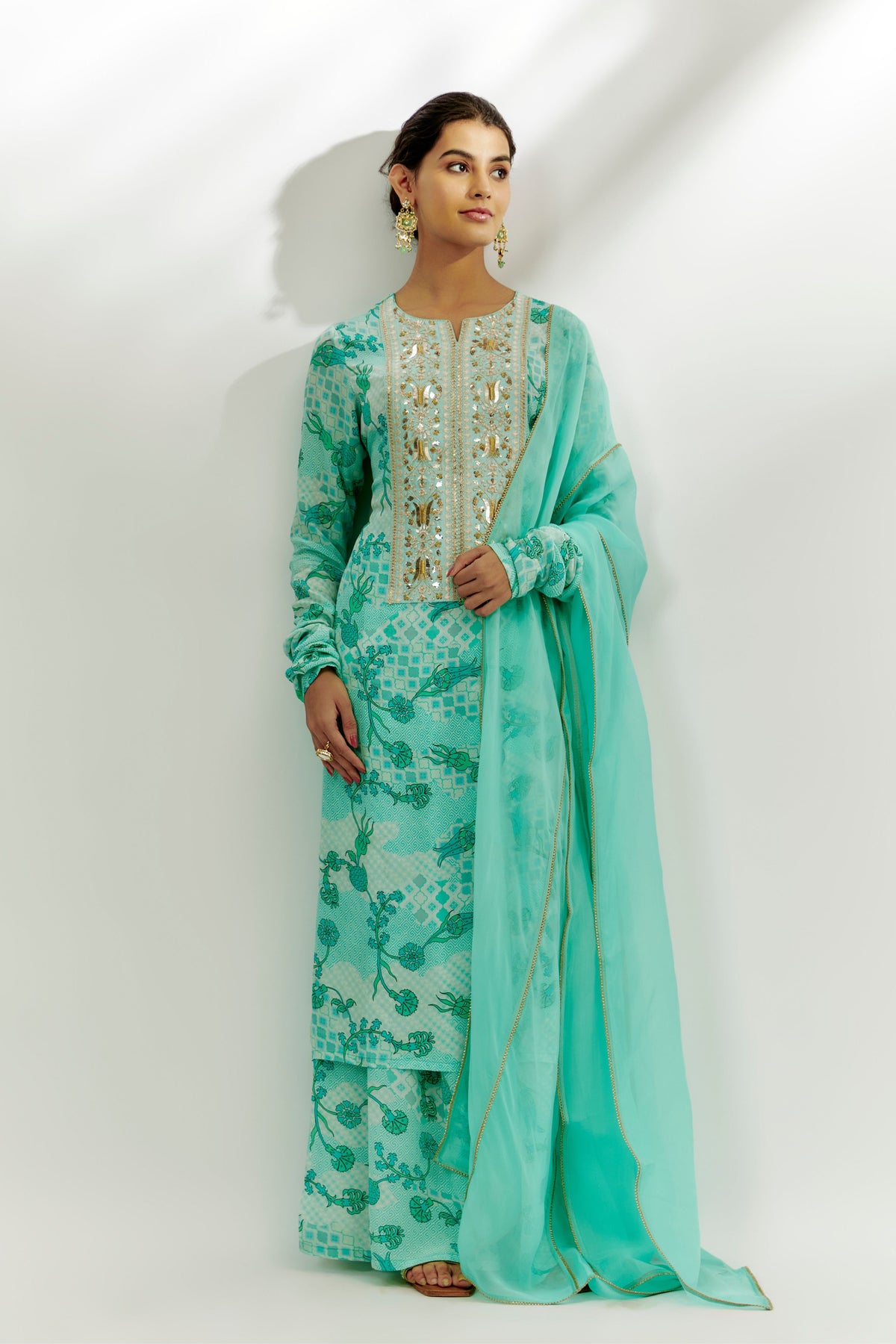 Cyan Blue Printed Kurta Pallazzo Set