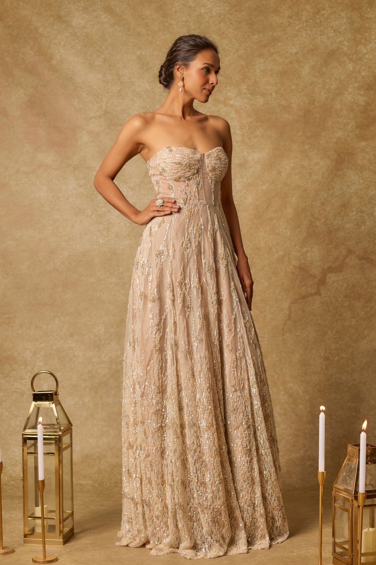 Nude Embroidered Drape Gown