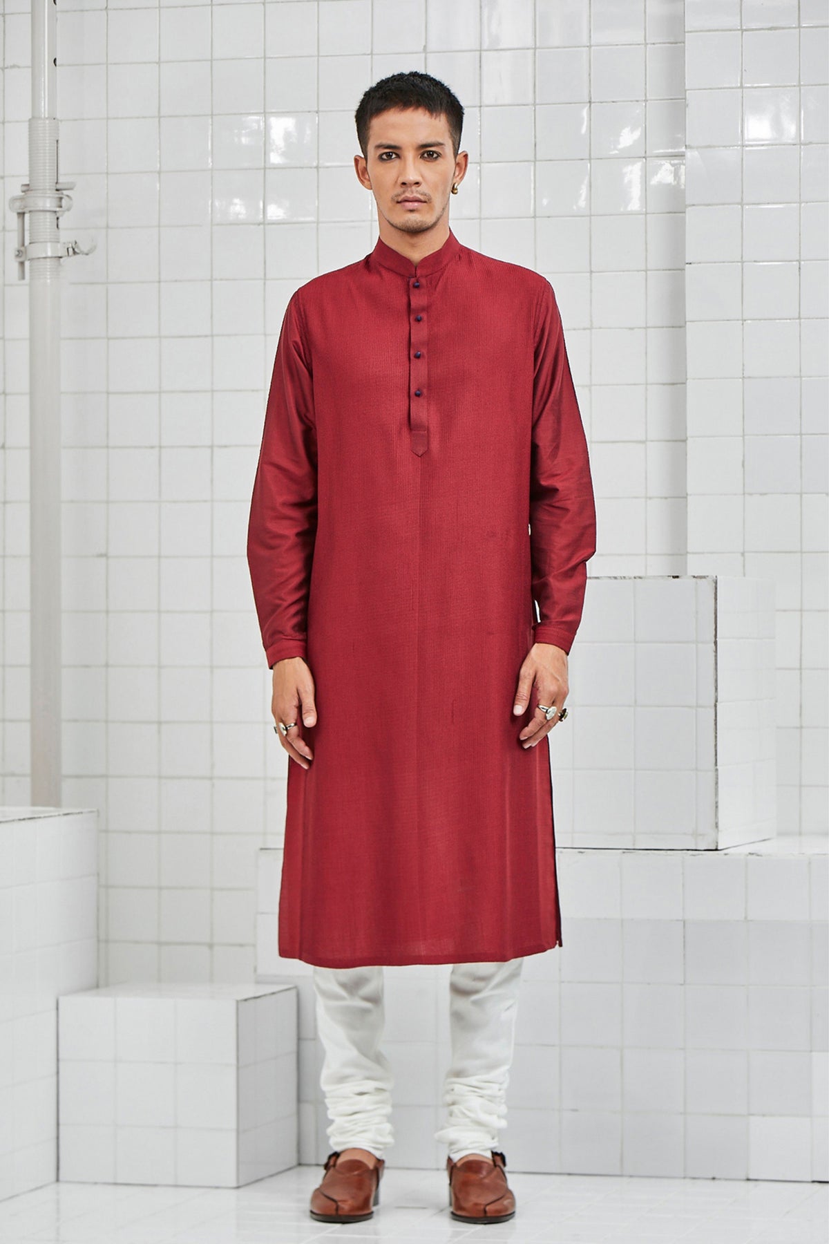 Red Khinsar Pintuck Kurta Set