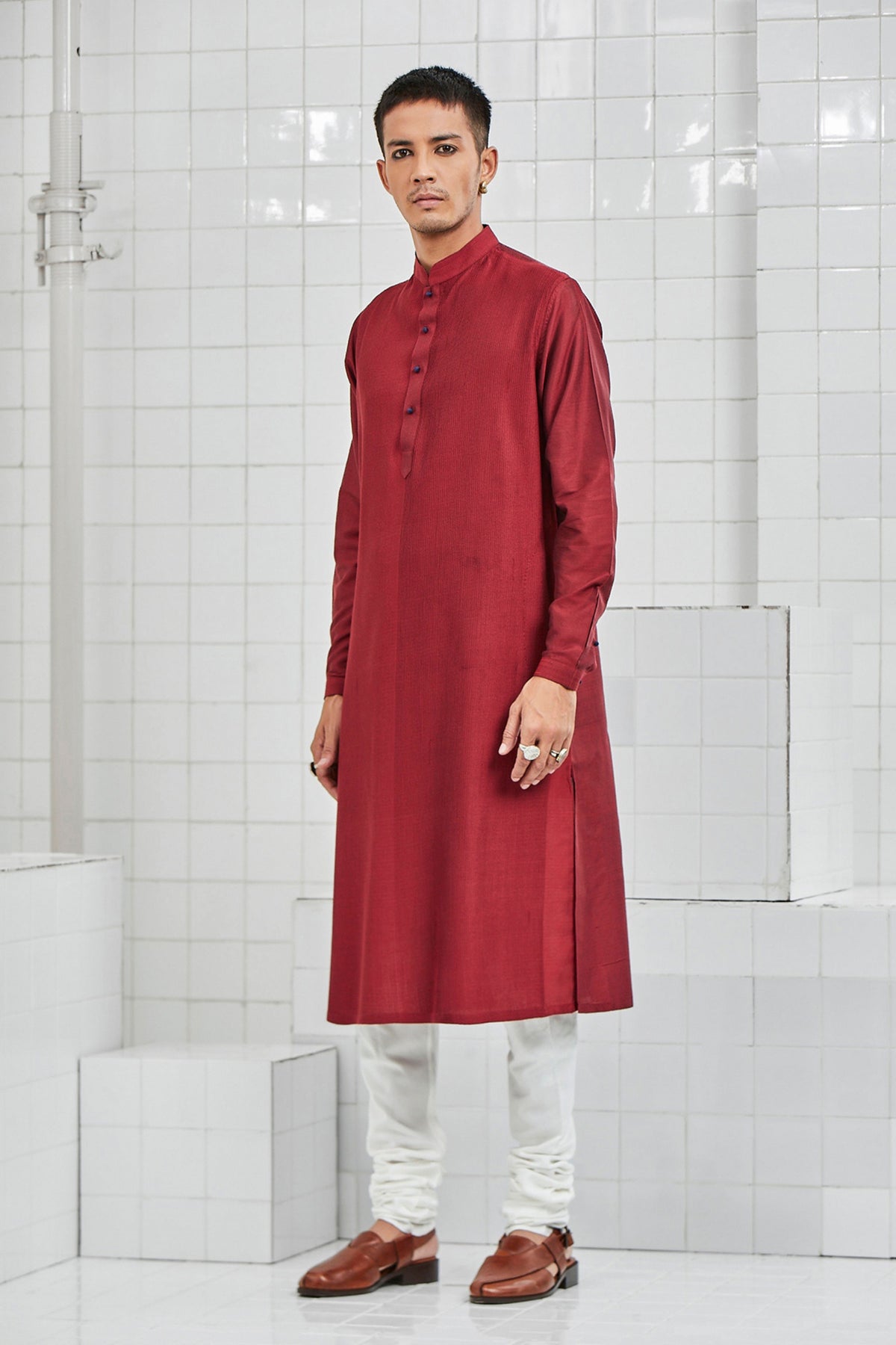 Red Khinsar Pintuck Kurta Set