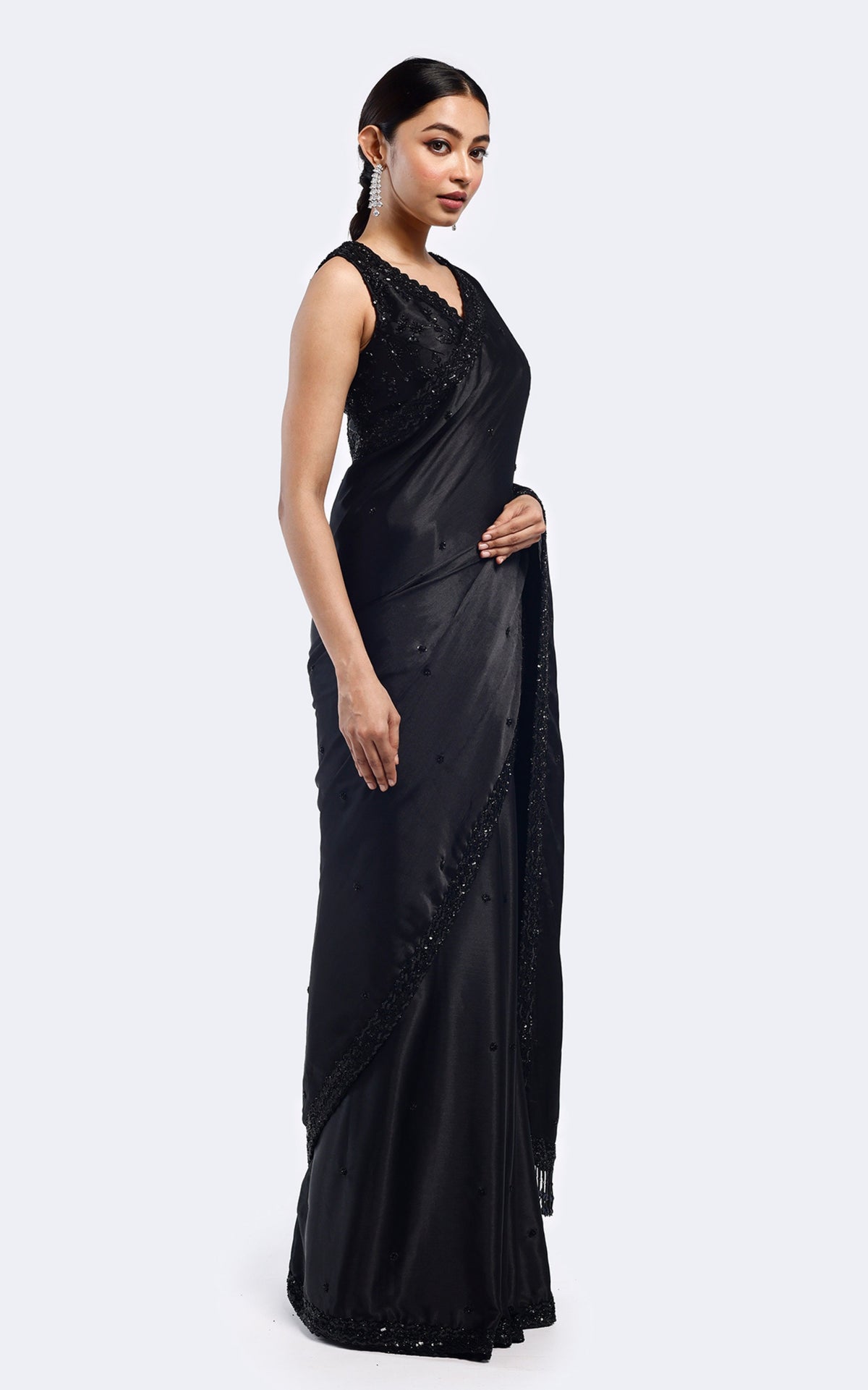 Monochromatic embellished satin saree