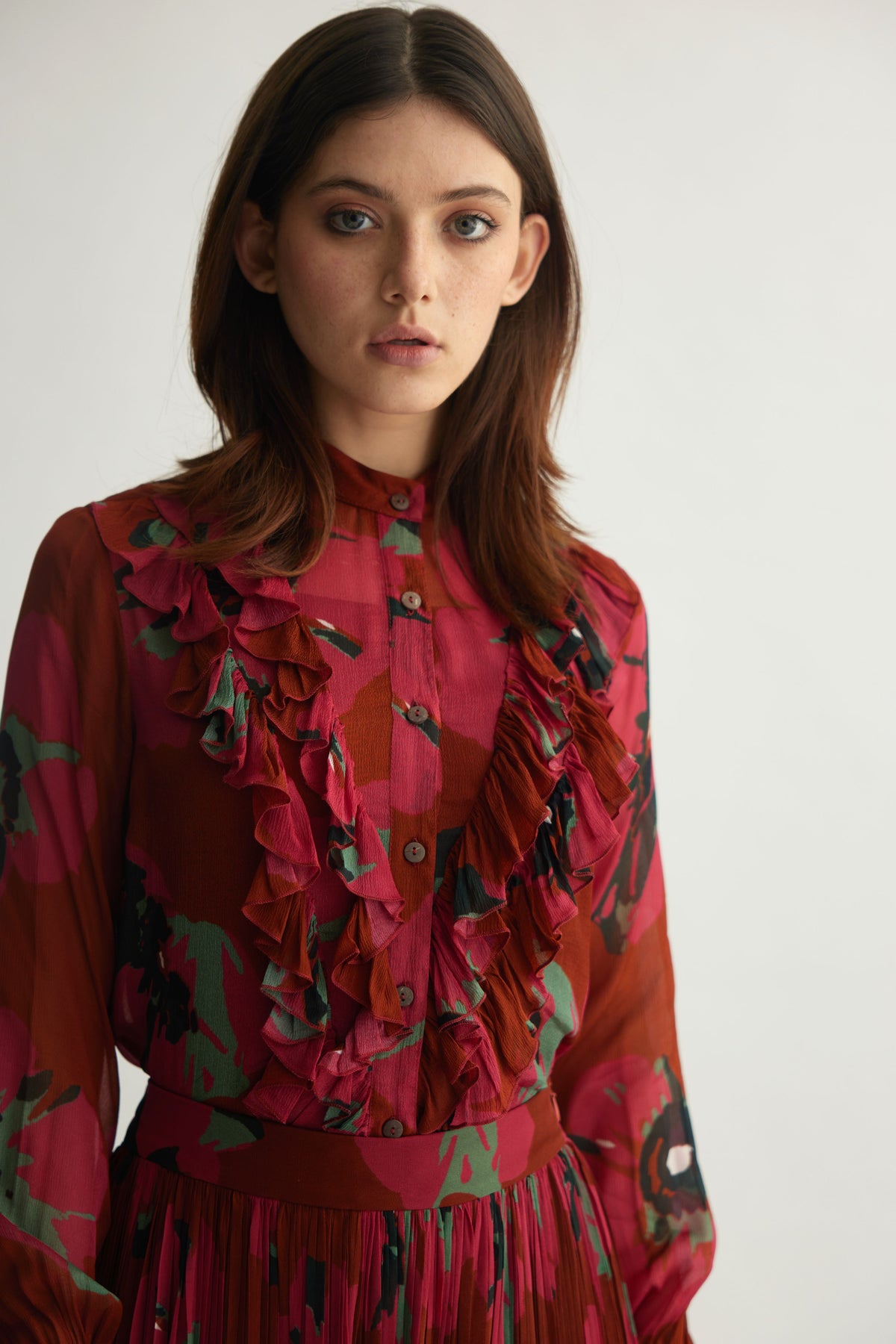 Red Floral Frill Top