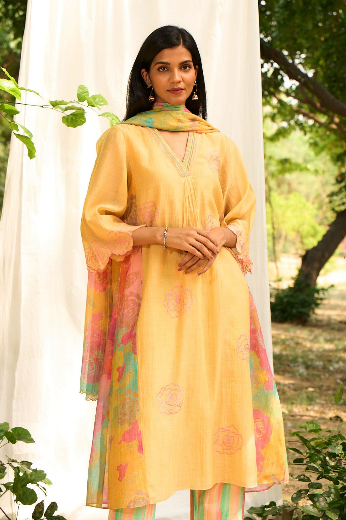 Yellow Kurta Set With Floral Embroidery