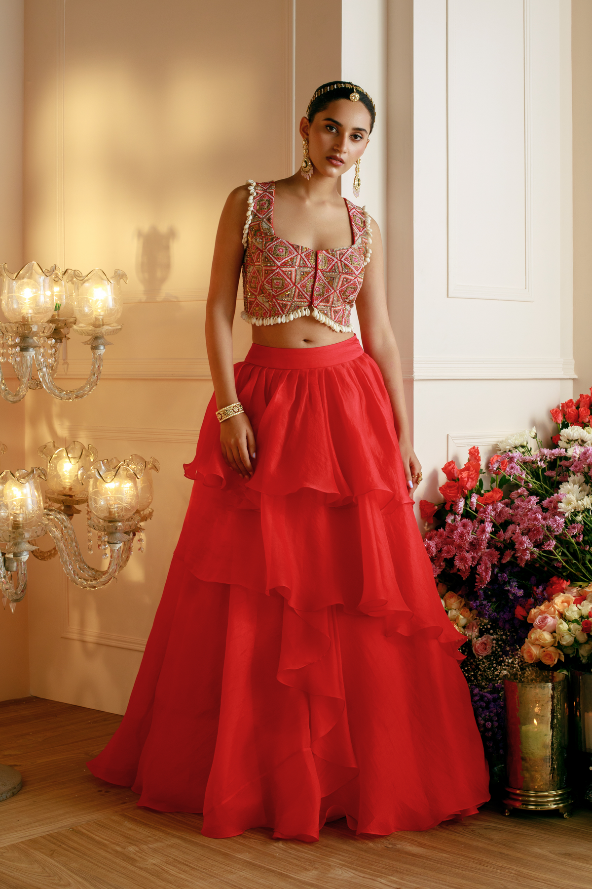 Red Layered Lehenga Set