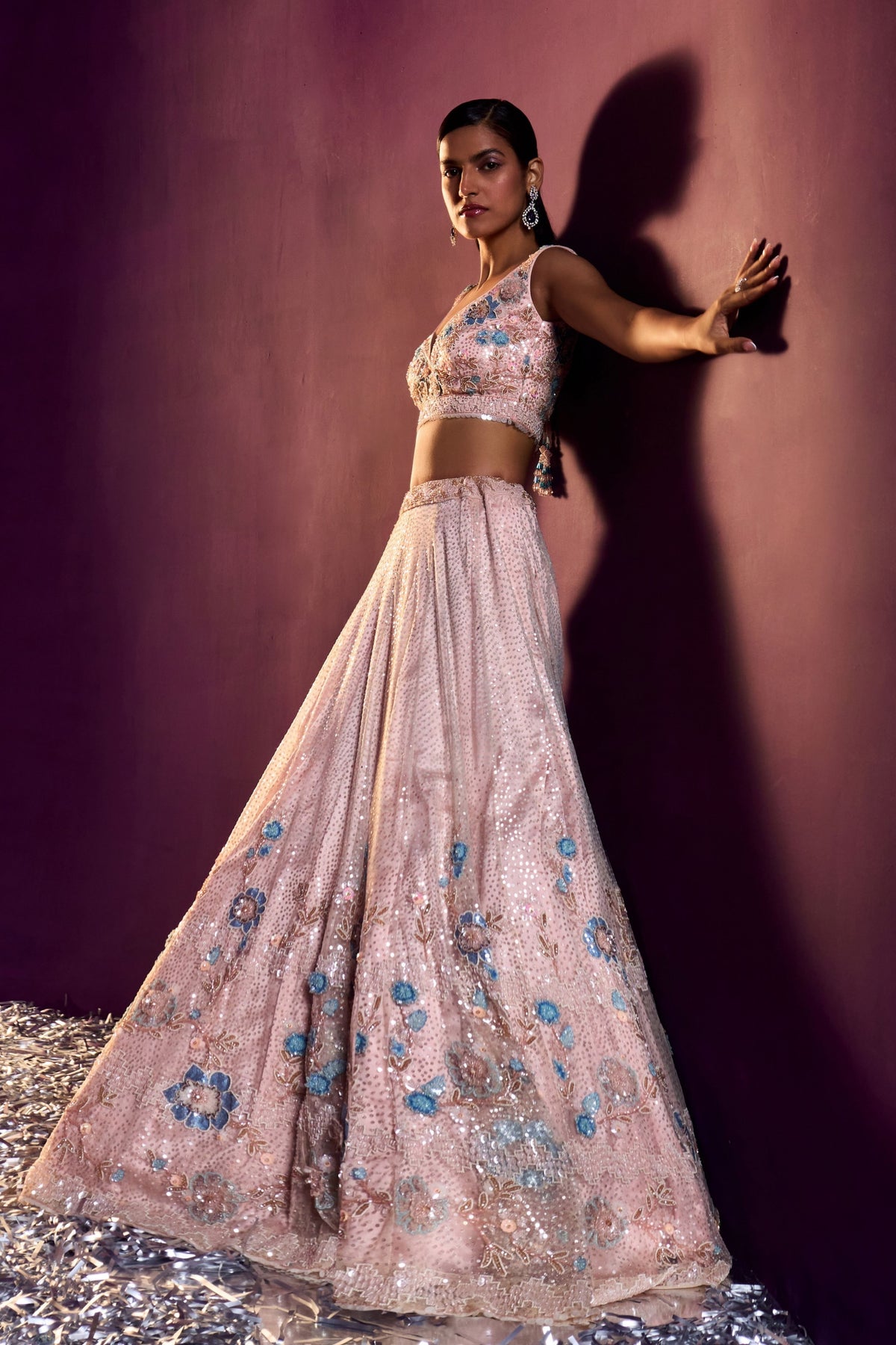 Peach Net Floral Lehenga Set