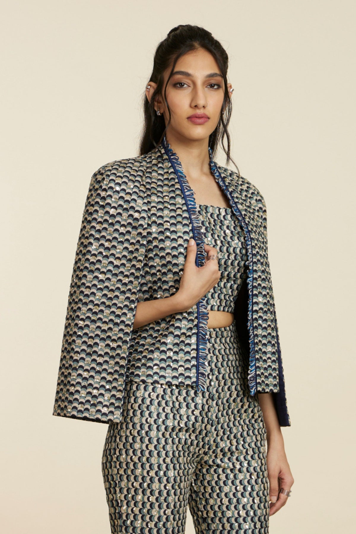 Blue Embellished Scallop Noor Jacket