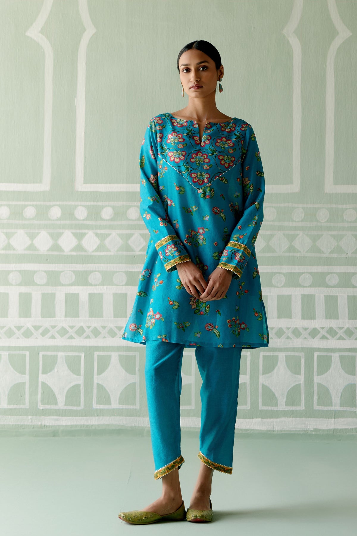 Turquoise &amp; Mustard Floral Kurta Set