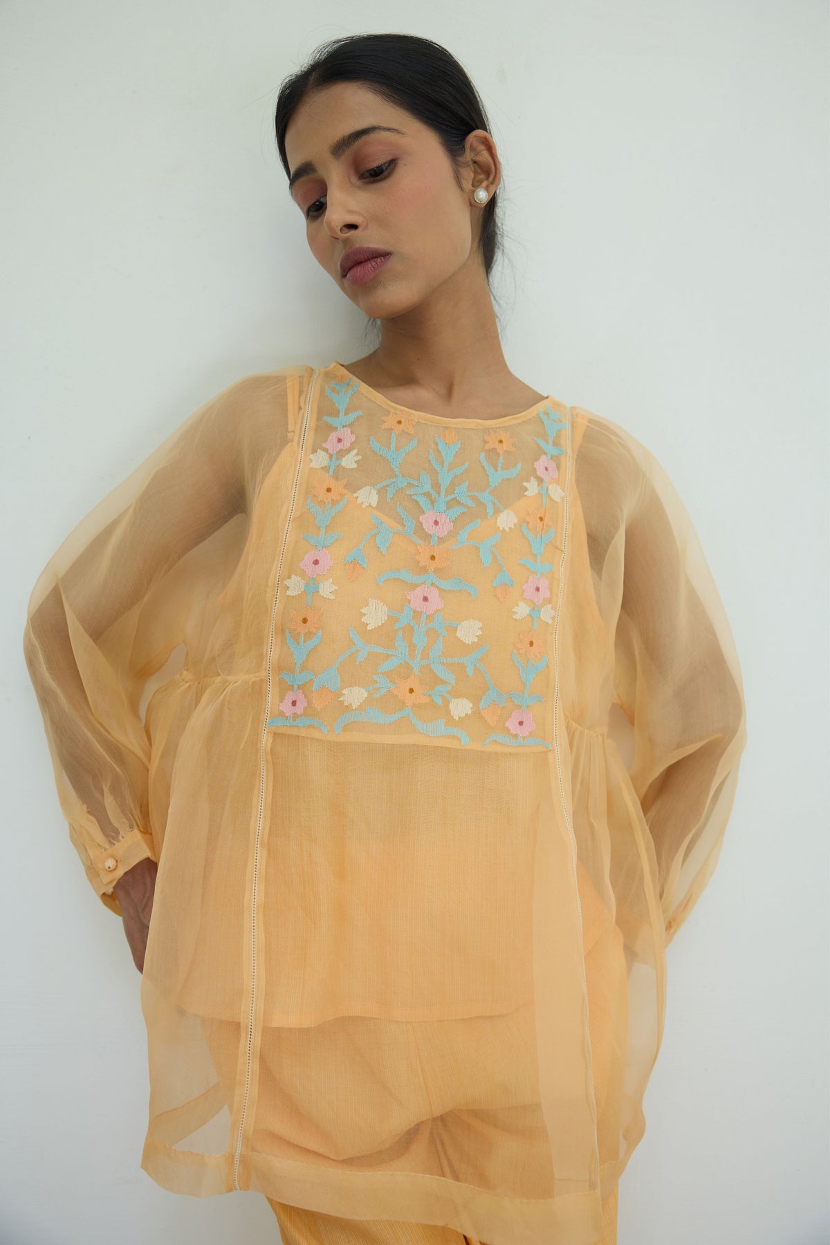 Embroidered Peach Silk Organza Top