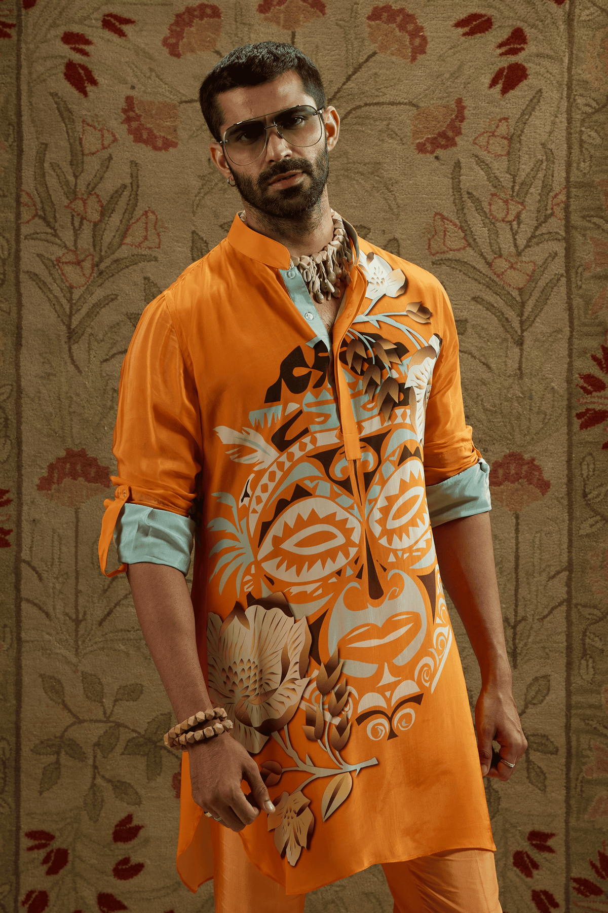 Orange Rolled up Sleeves Kurta