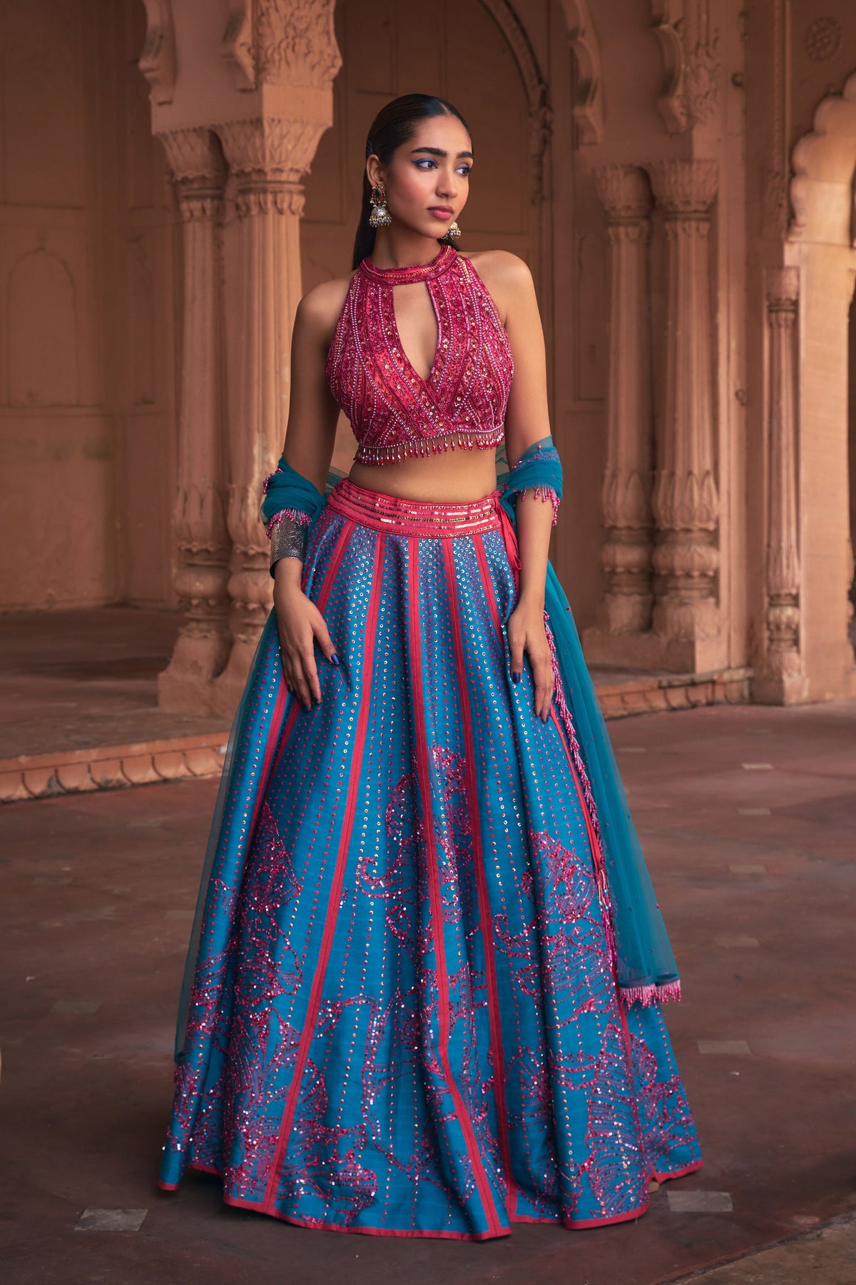 Fuchsia Floral Print Lehenga Set