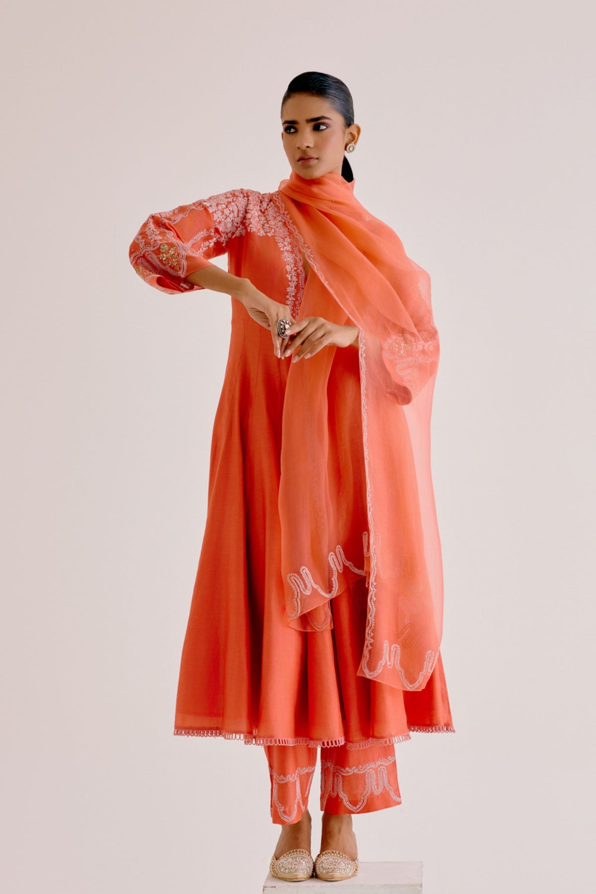 Orange Embroidered Anarkali Set