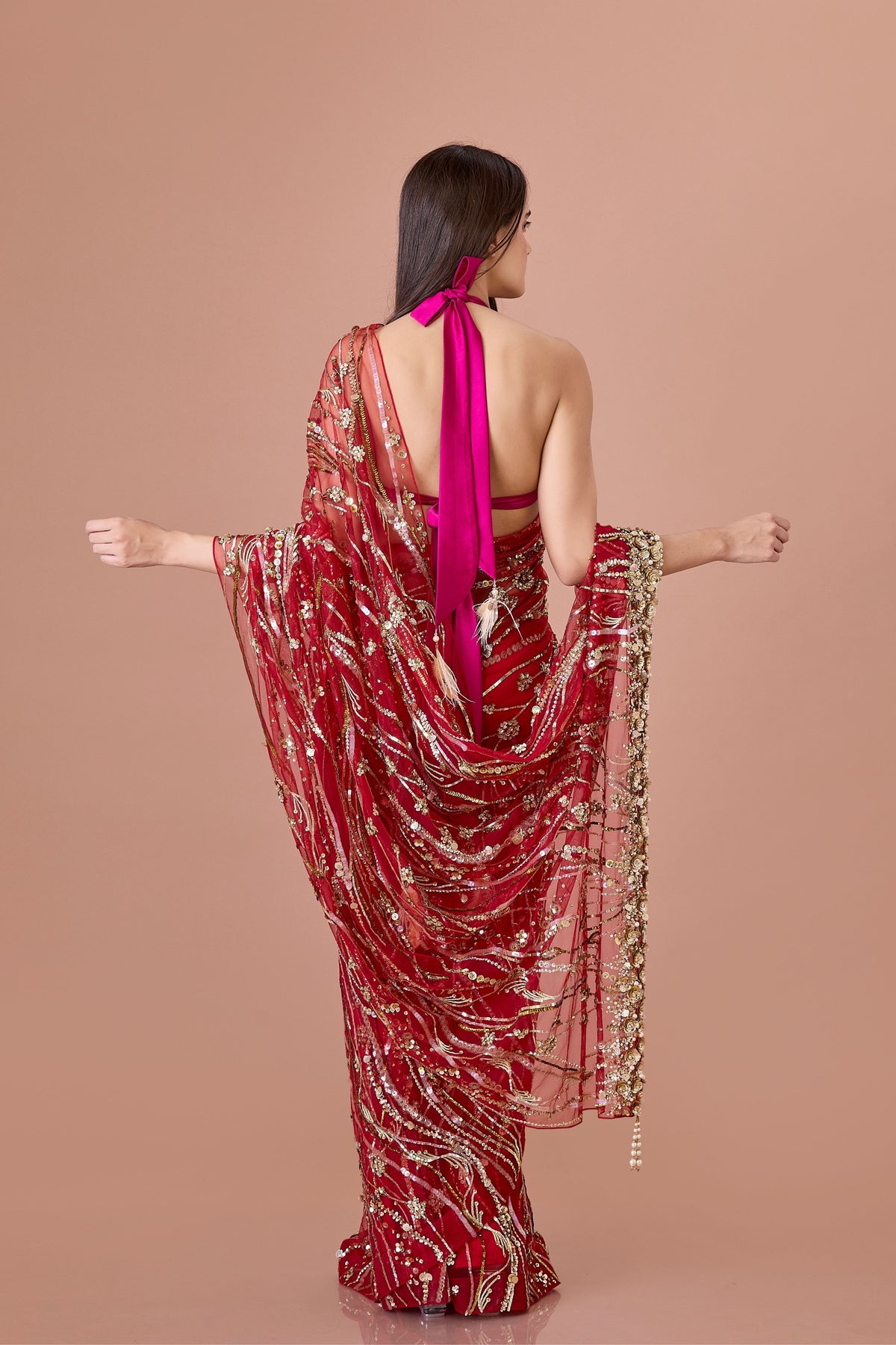 Red Sequins Net Saree