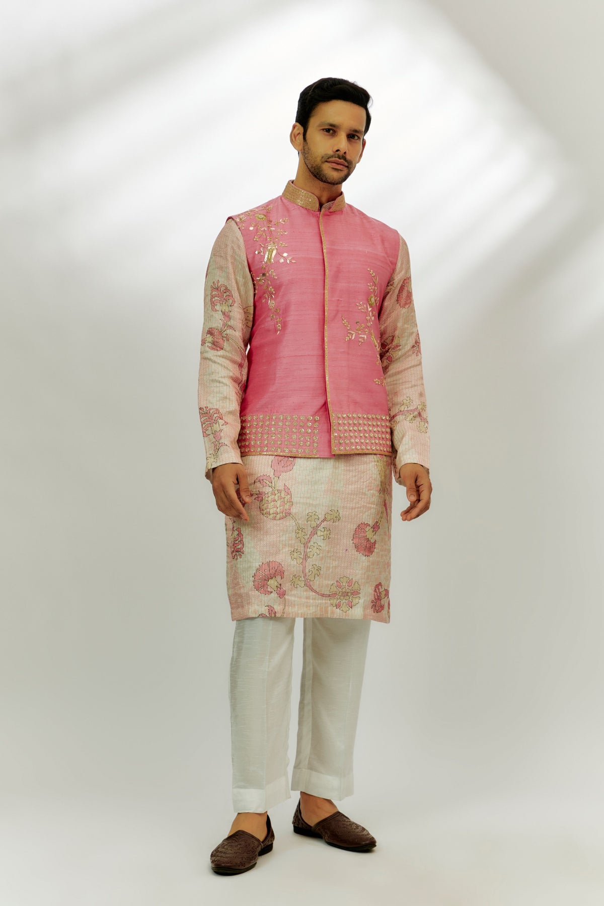 Pastel Pink Silk Kurta - Bundi Set