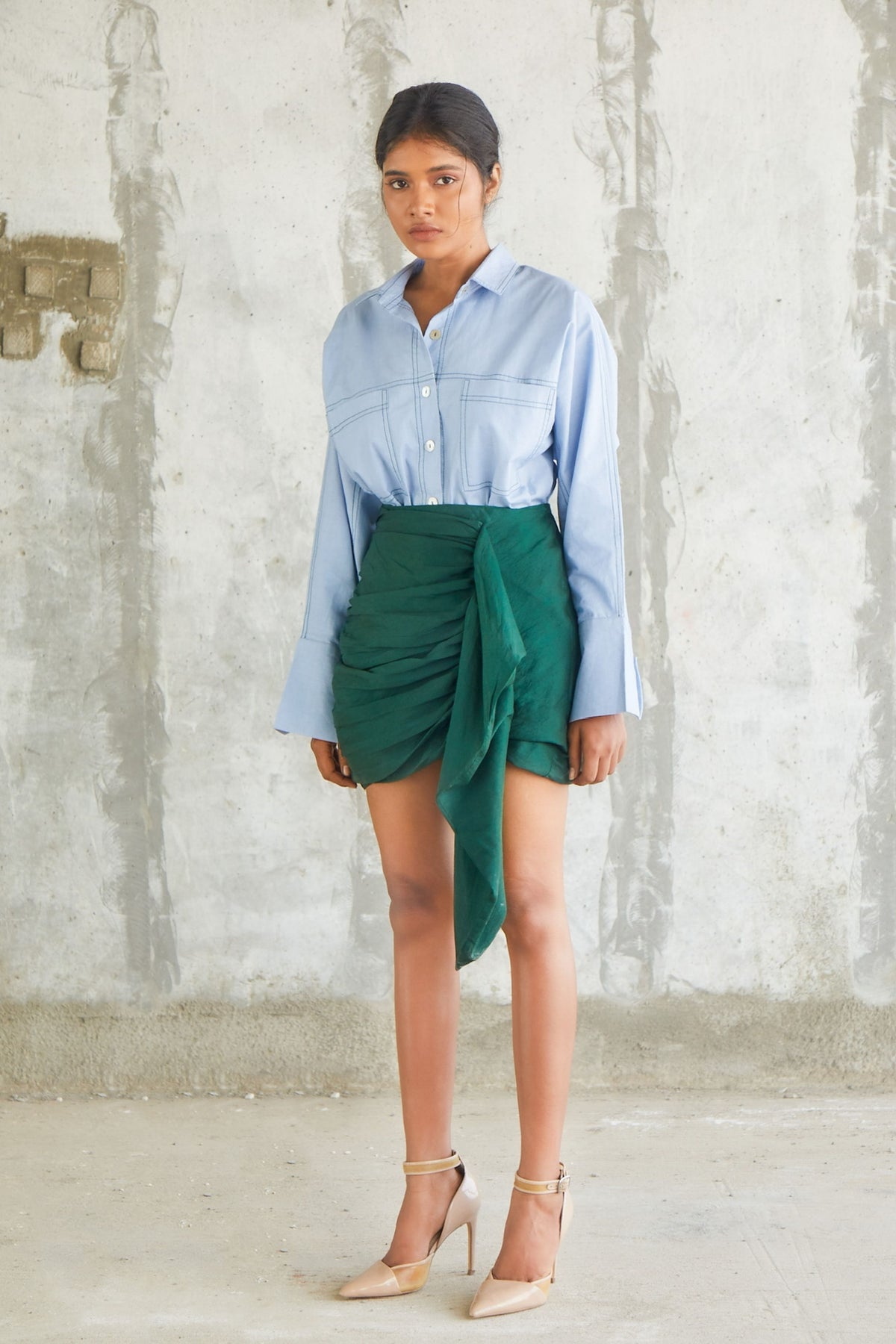 Pintuck Green Drape Skirt