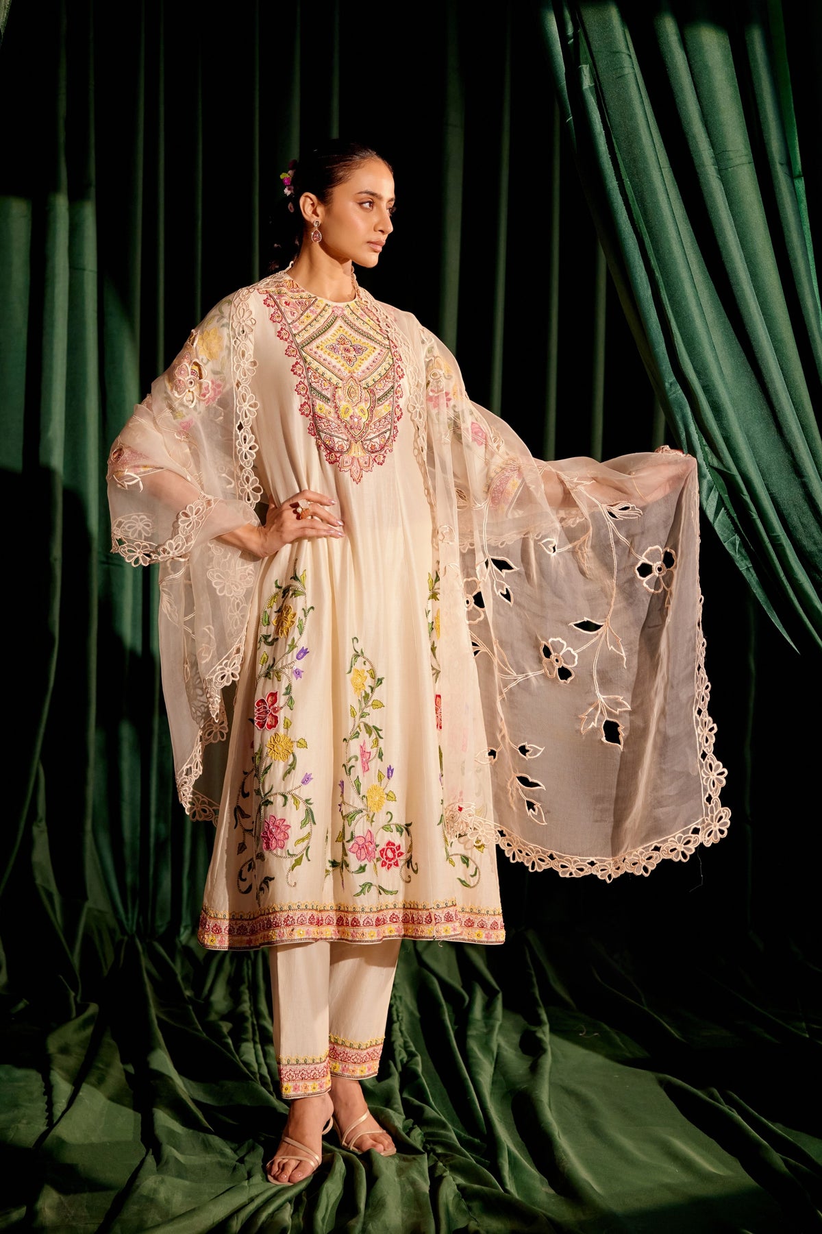 Ivory Floral Cutwork  Dupatta