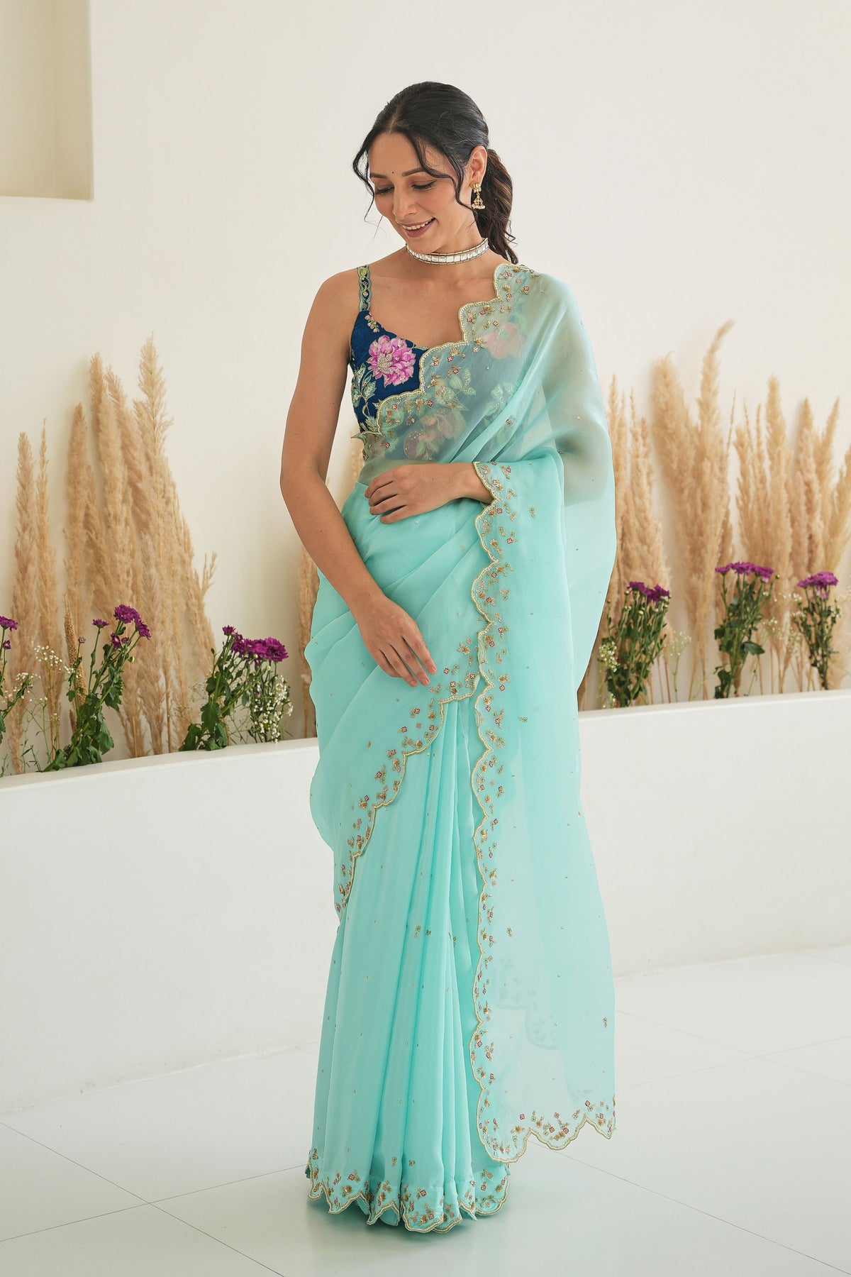 Nargis Saree Pebble Blue Fiza Blouse in Aqua Blue