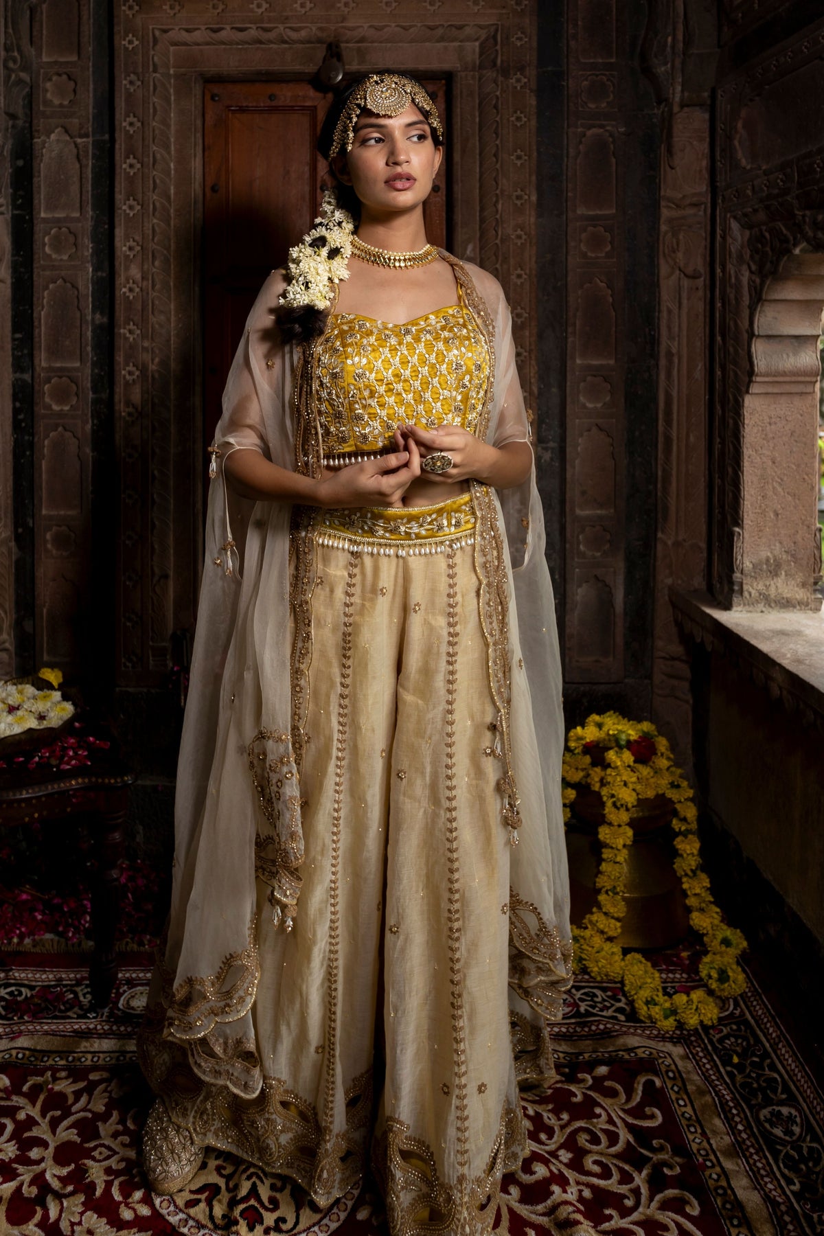 Yellow Beige Cape Sharara Set