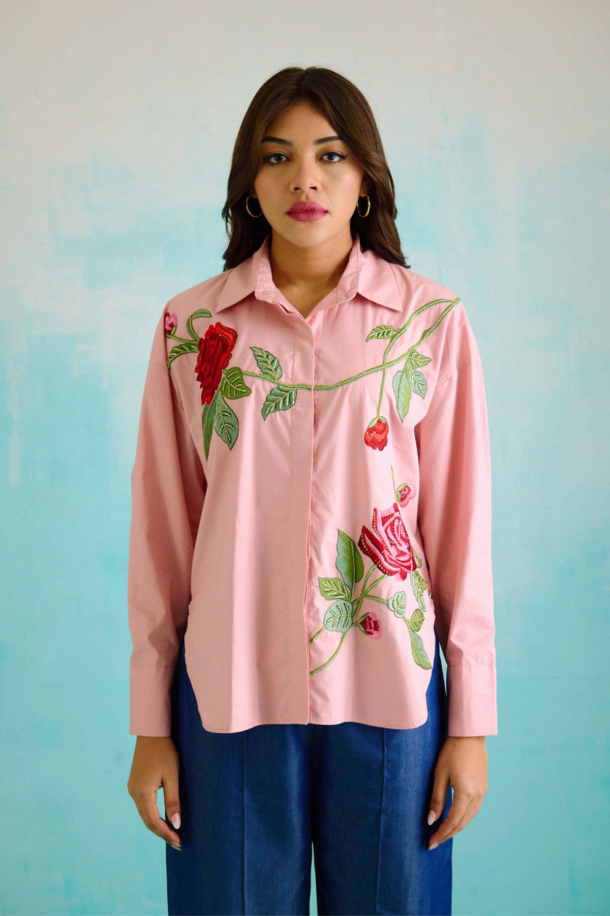 Blush Pink Oversized Embroidered Shirt