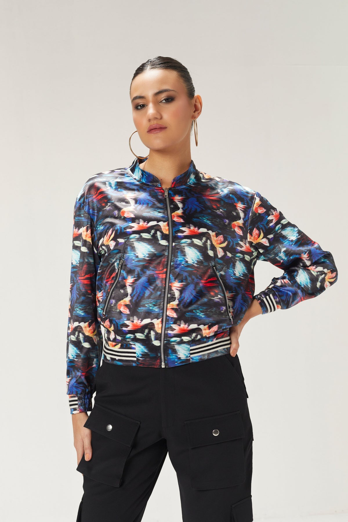 Dark Blue Printed Bomber Jacket