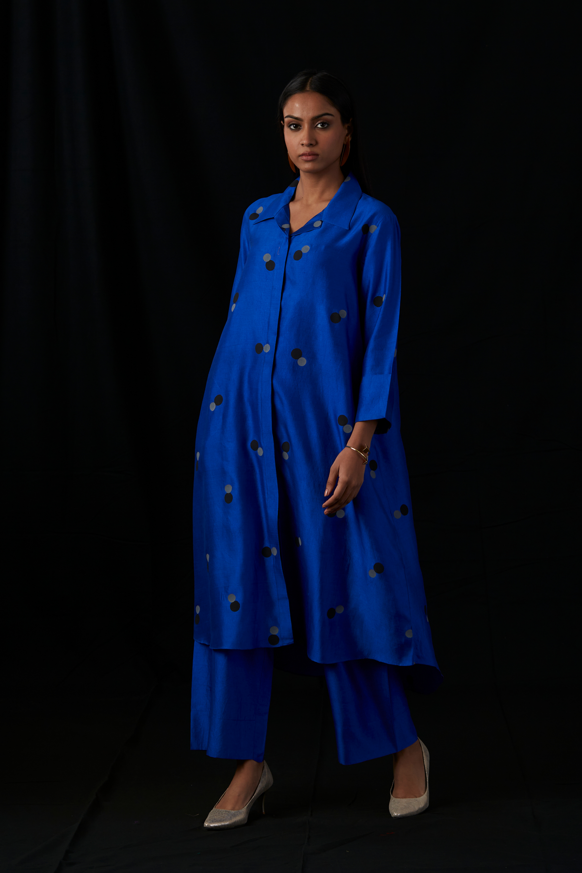 Cobalt Blue Block Printed Silk Shirt Set