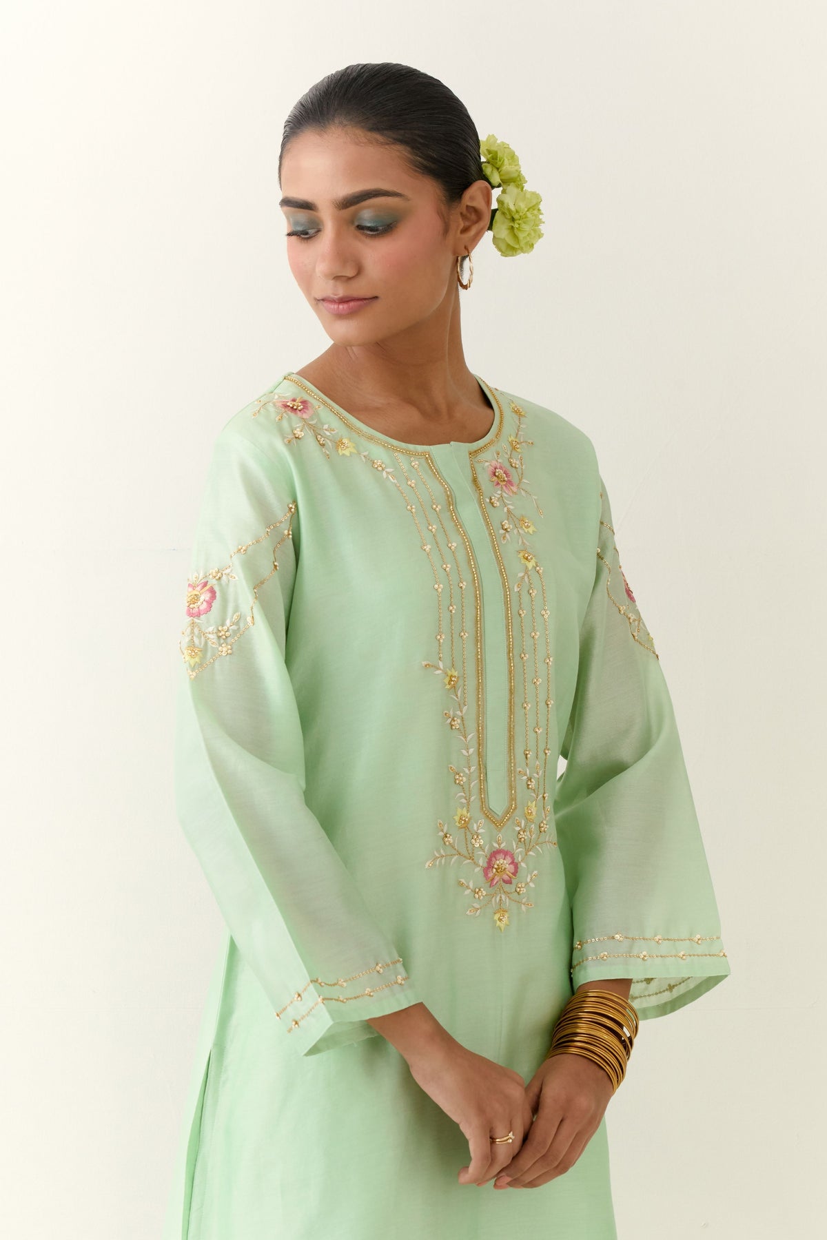 Green Hand embroidered Kurta Set