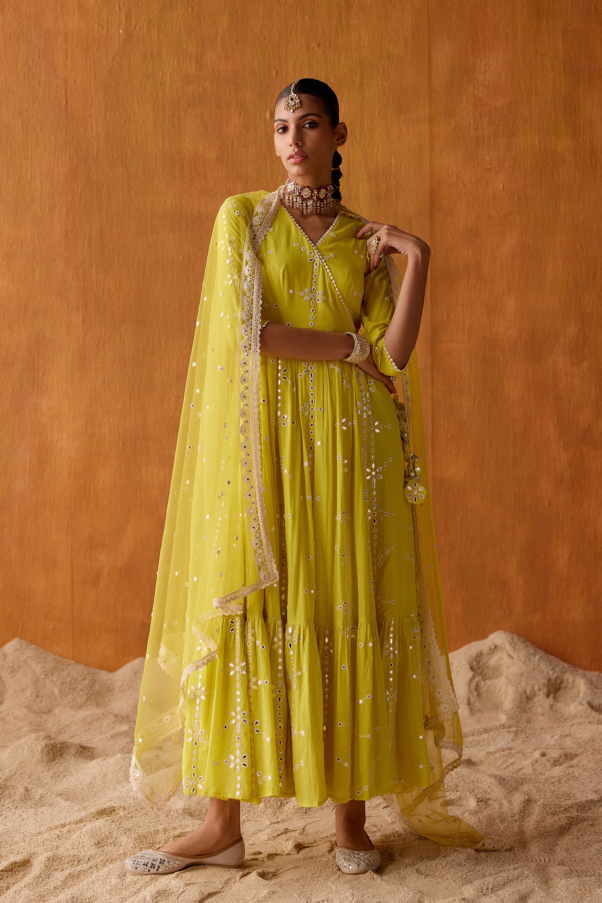 Neon Green Flower Anarkali Set