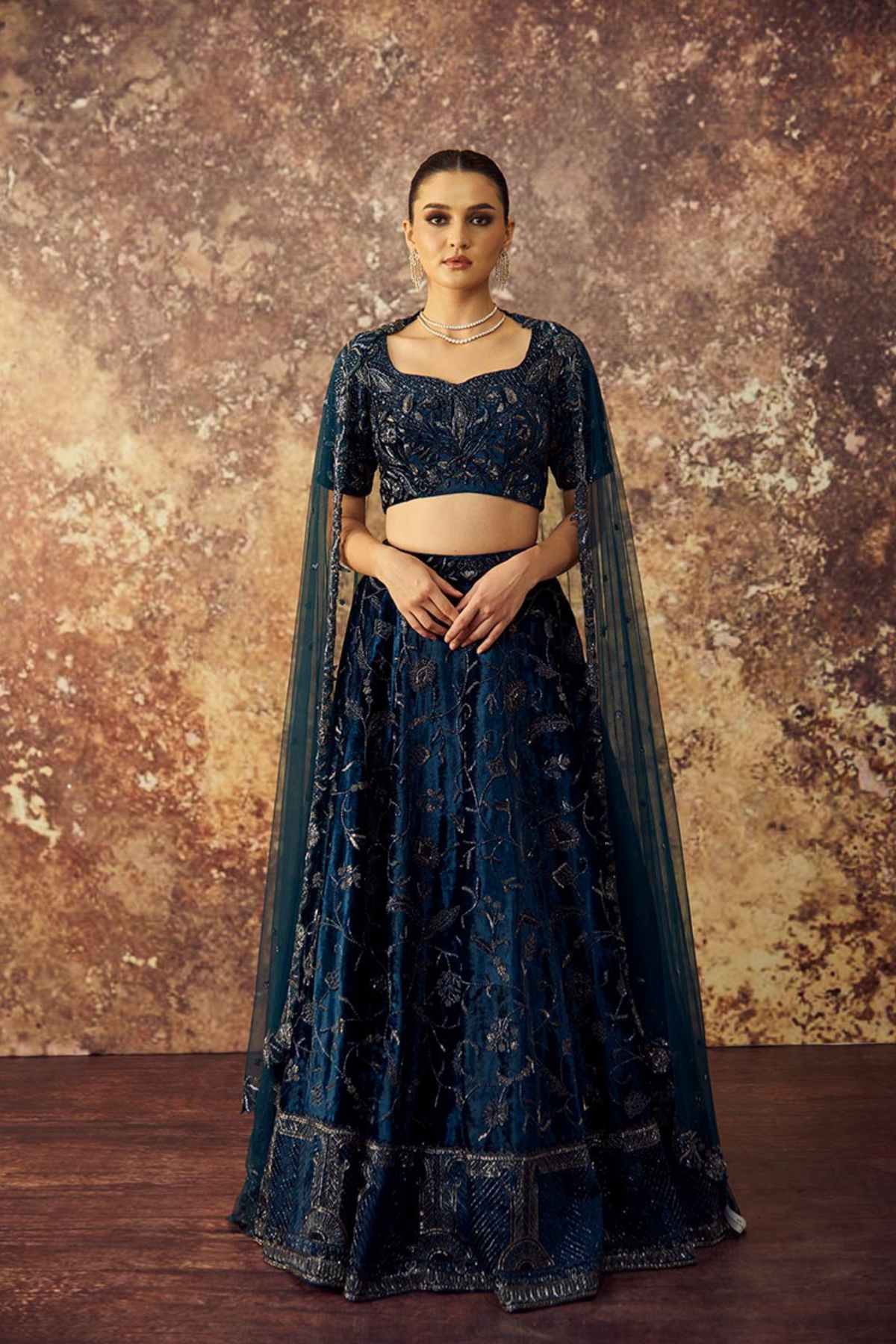 Blue Velvet Jaal Lehenga Set