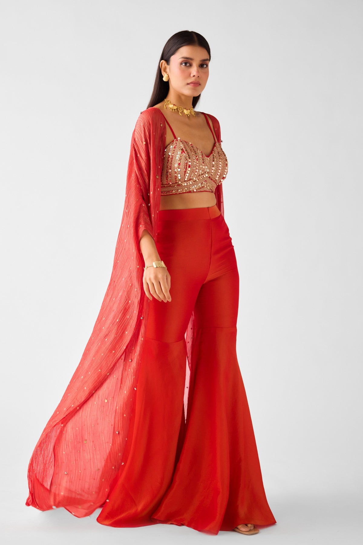 Red Embroidered Cape Set