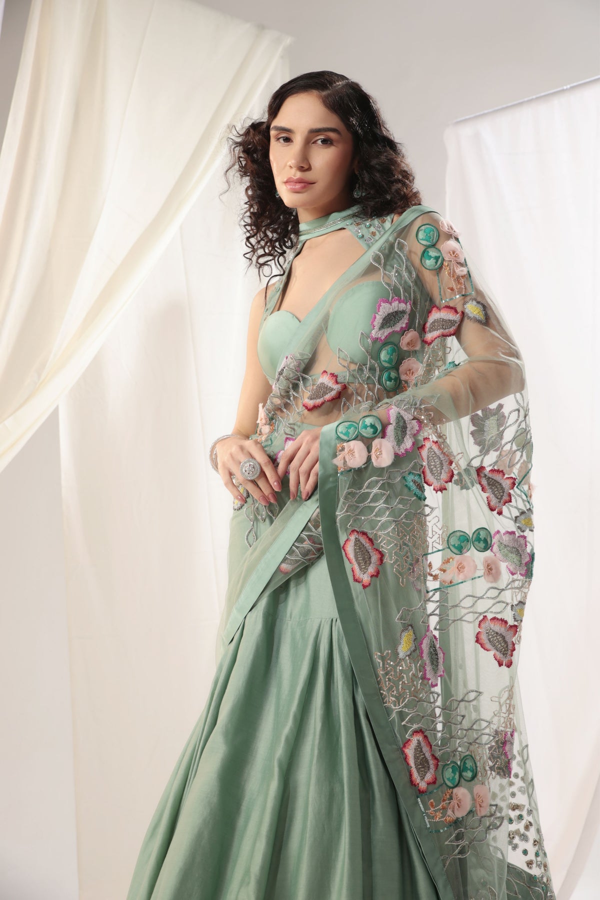 Aqua Blue Drape Saree Set