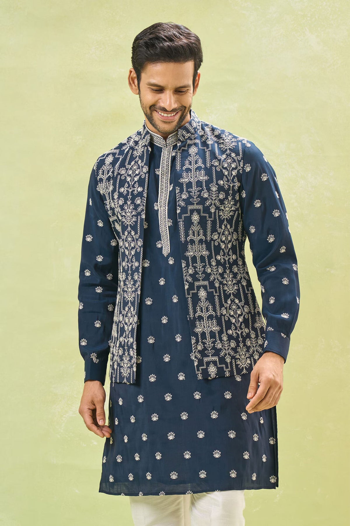 Blue Embroidered Nehru Jacket Set