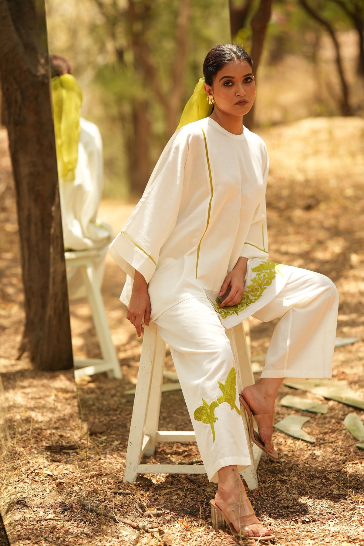 White Embroidered Short Kaftan With Pants