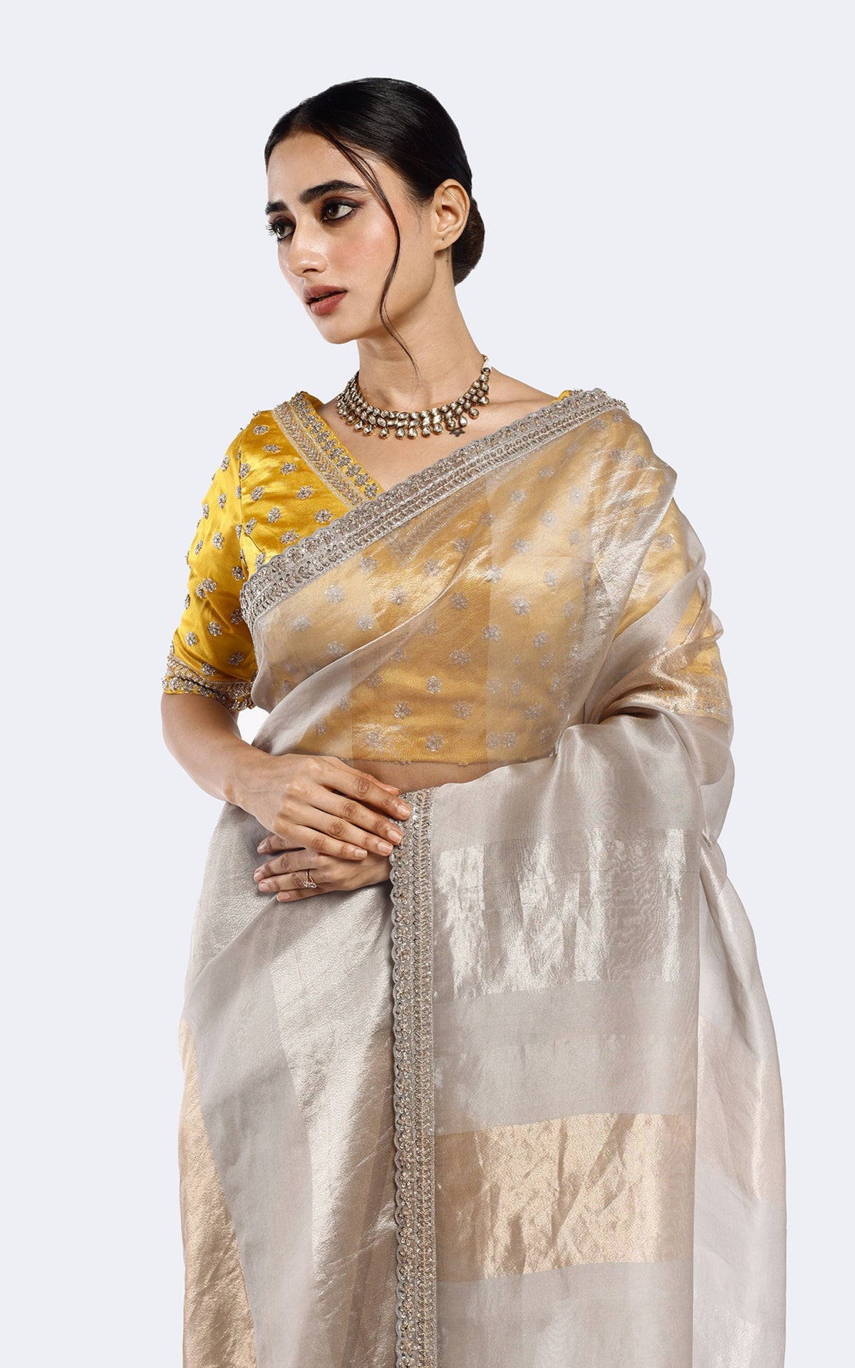 Dual toned color-blocked tissue saree