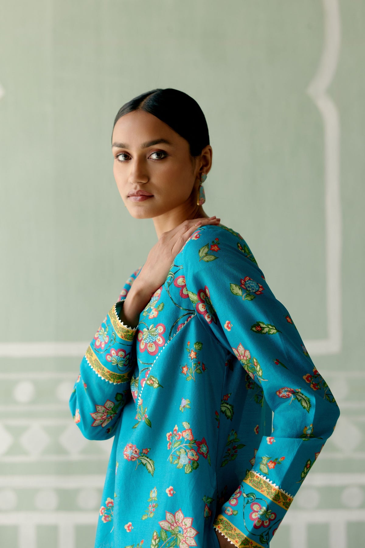 Turquoise &amp; Mustard Floral Kurta Set