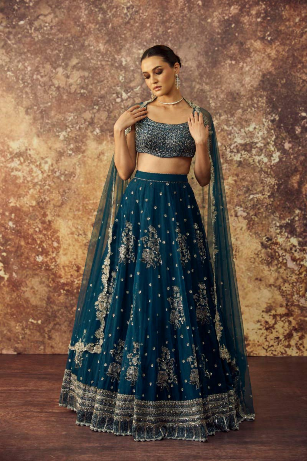 Navy Blue Organza Big Butas Lehenga Set