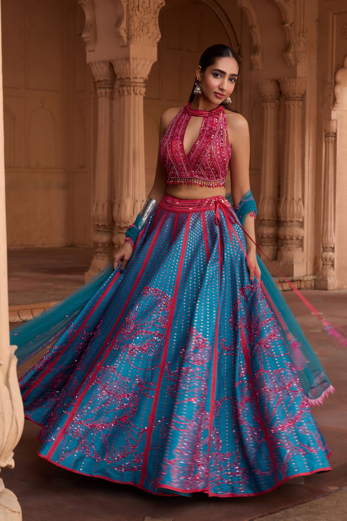 Fuchsia Floral Print Lehenga Set