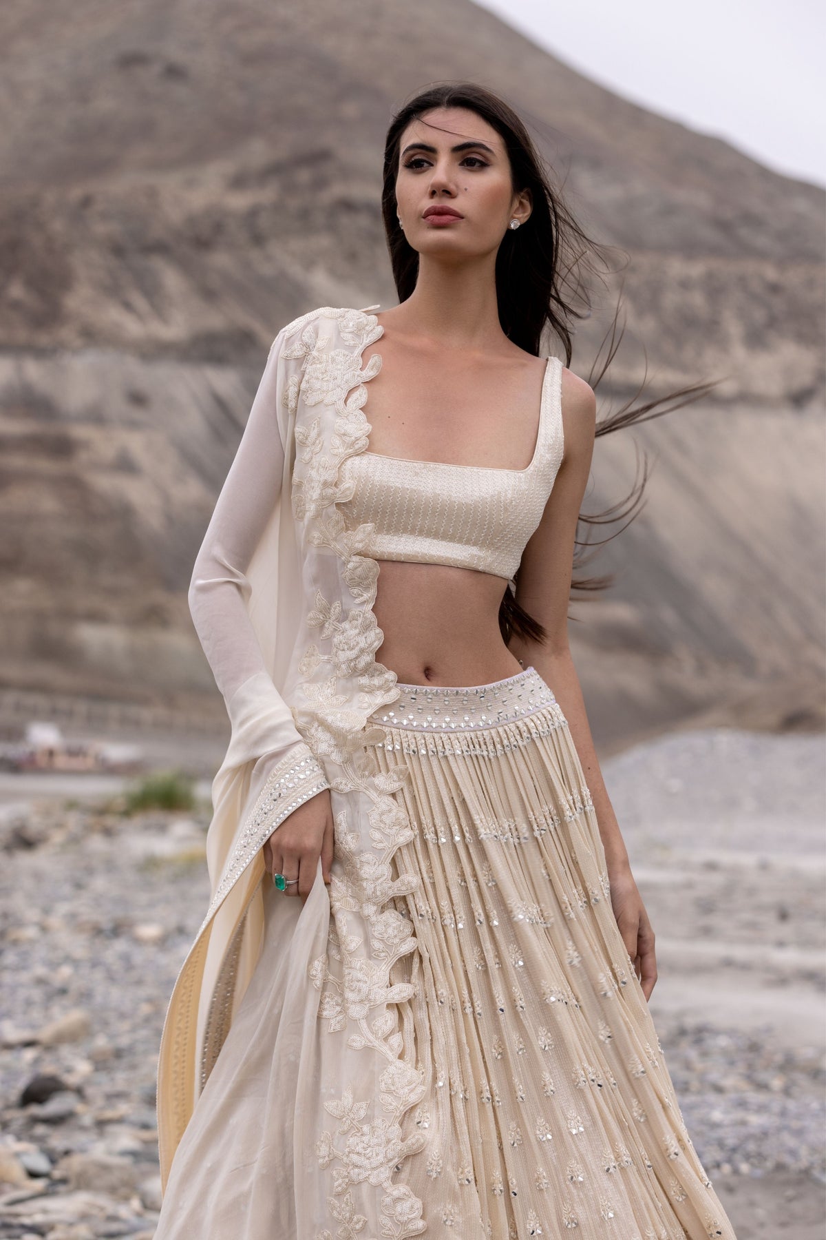 Beige Mirror Booti Lehenga