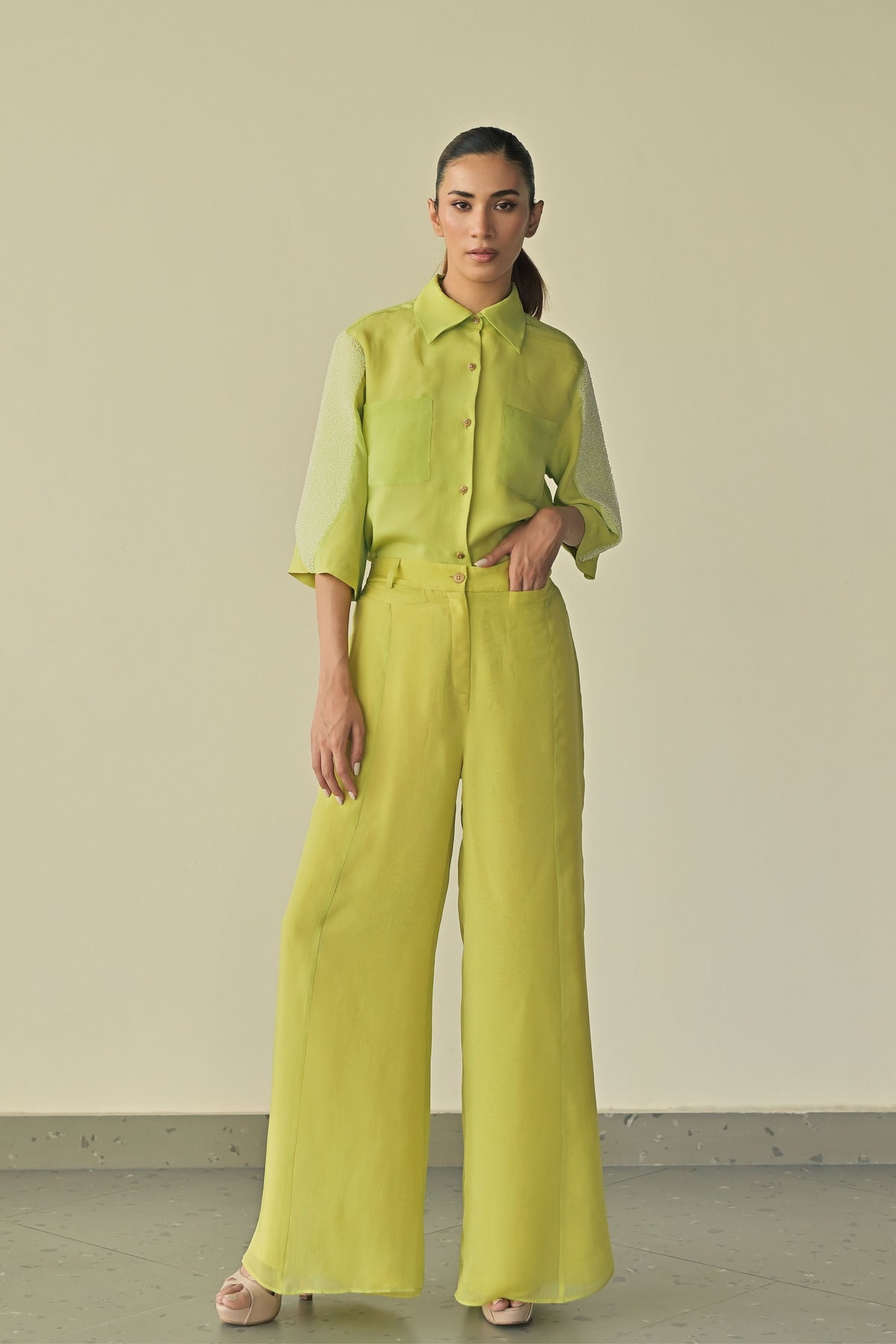 Monet Green Organza Parallel Trousers