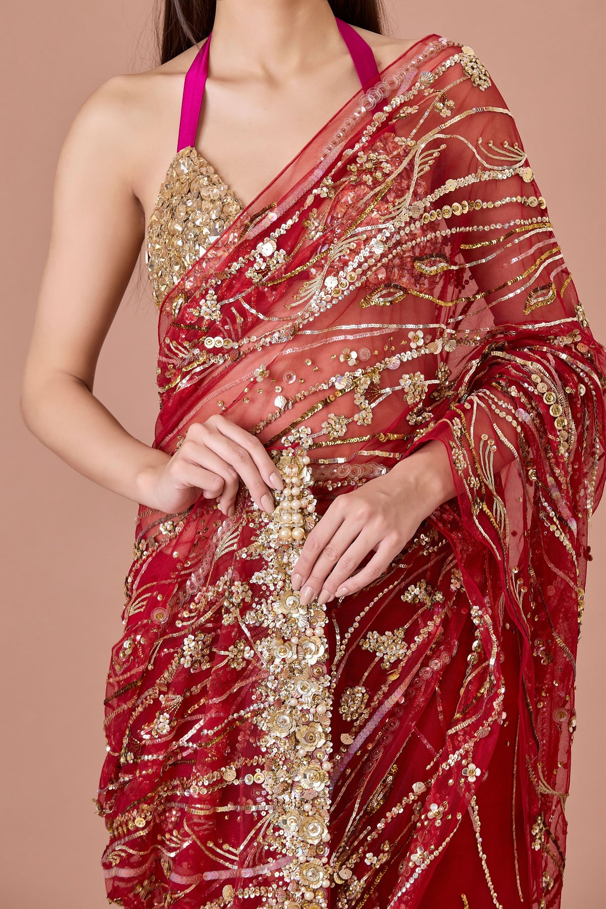 Red Sequins Net Saree