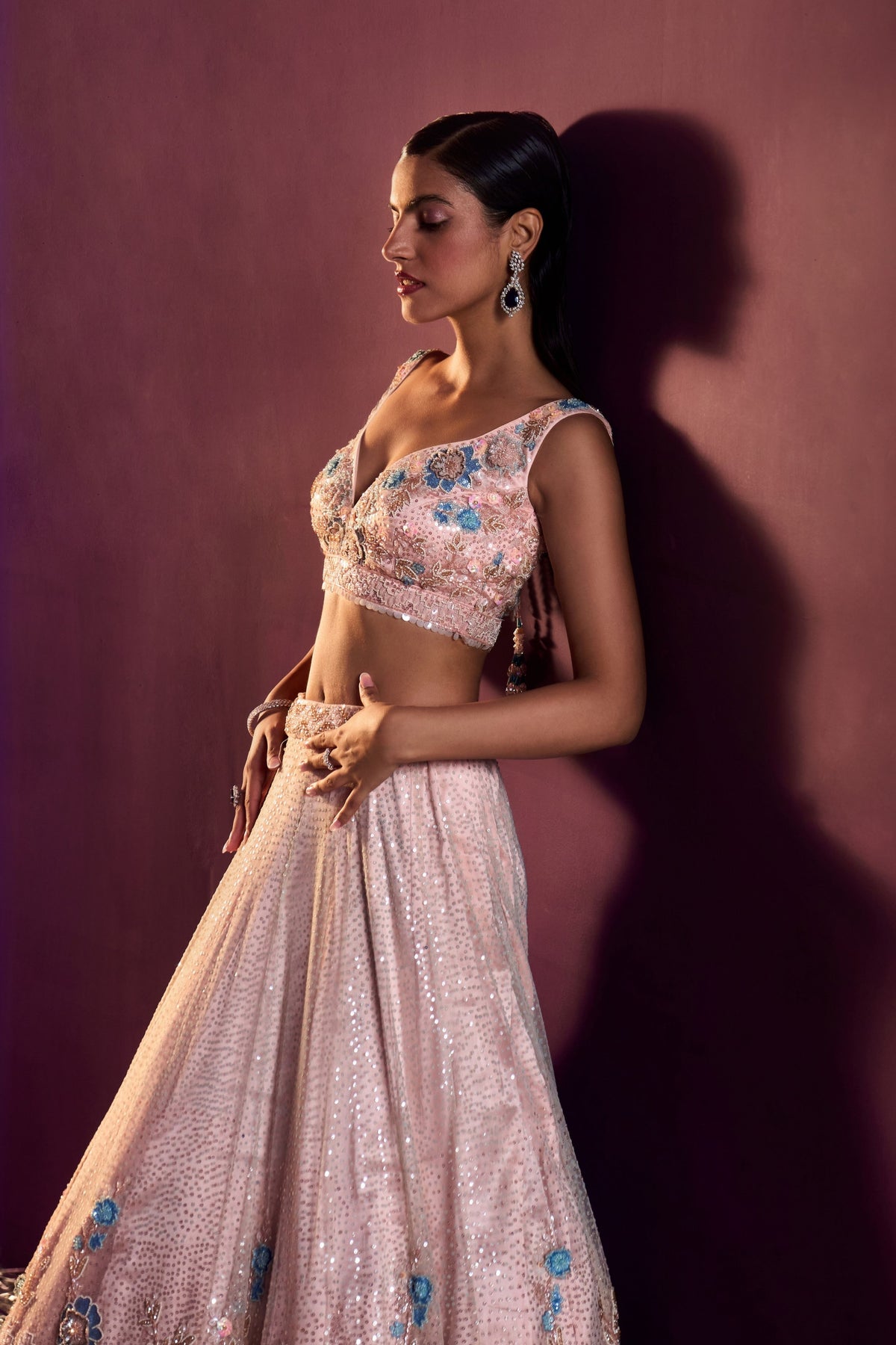 Peach Net Floral Lehenga Set